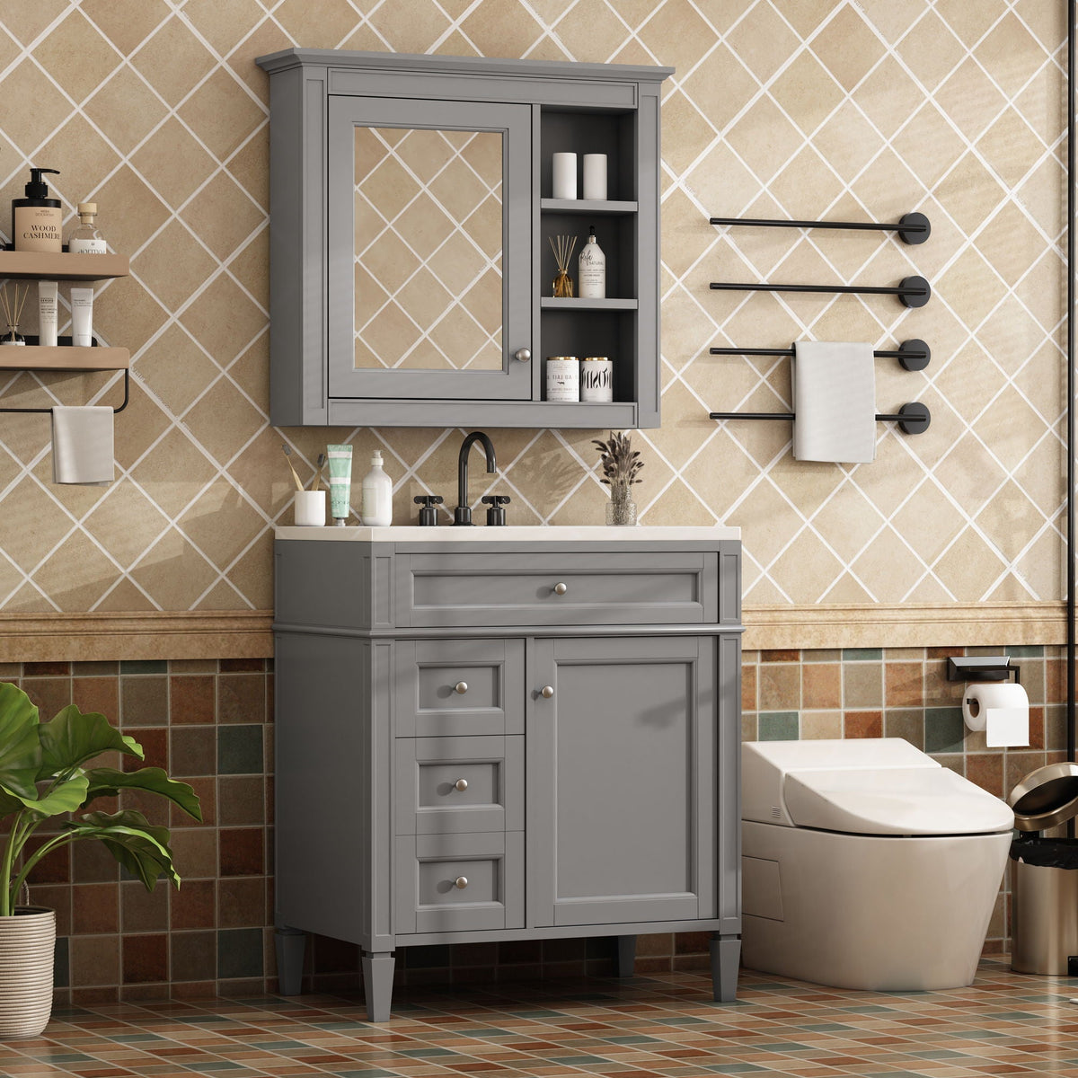 Bathroom Vanity With Medicine Cabinet, Royal Mirror Cabinet, Modern Bathroom Storage Cabinet With 2 Soft Closing Doors And 4 Drawers, photo 15 of 40