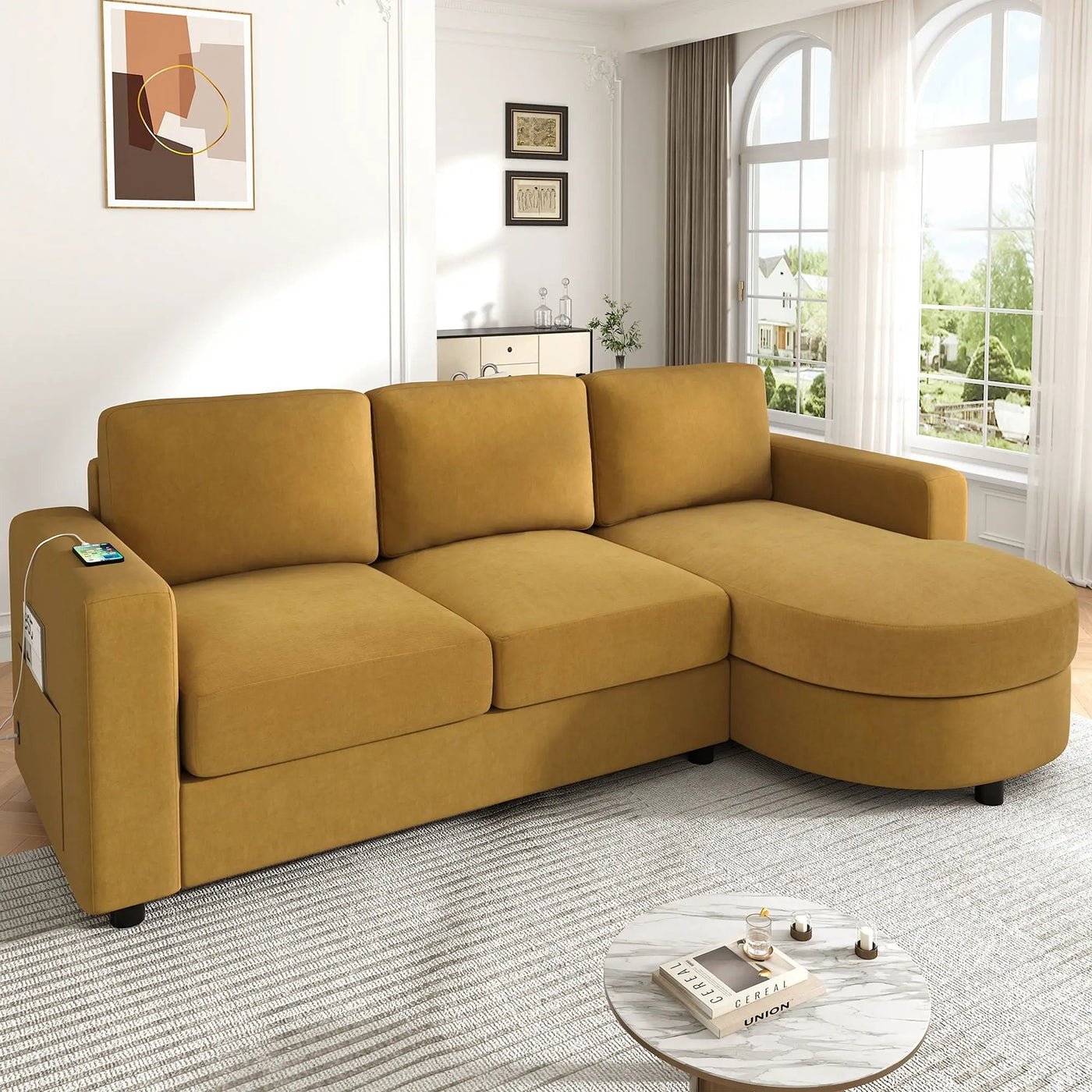 Modern L-Shaped Sectional Sofa With Curved Chaise, USB Ports, And Side Storage Pockets by HouseOfZazla