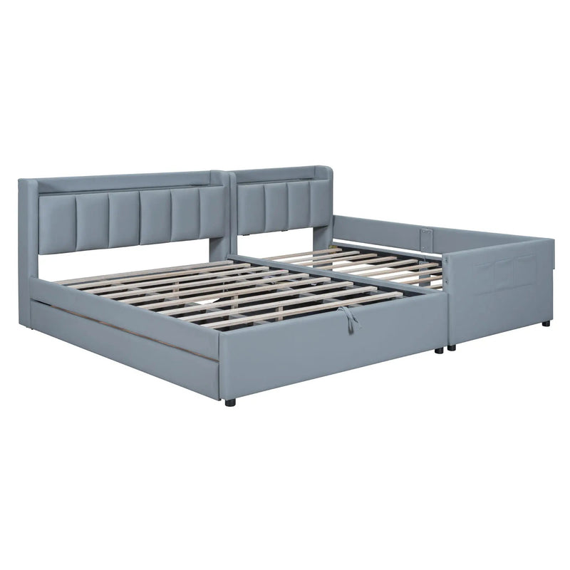 Upholstered Mother & Child Bed With Hydraulic Storage System, Drawer Box, Bedhead Storage Shelf And 2 Pairs Of Sockets & USB Ports by HouseOfZazla