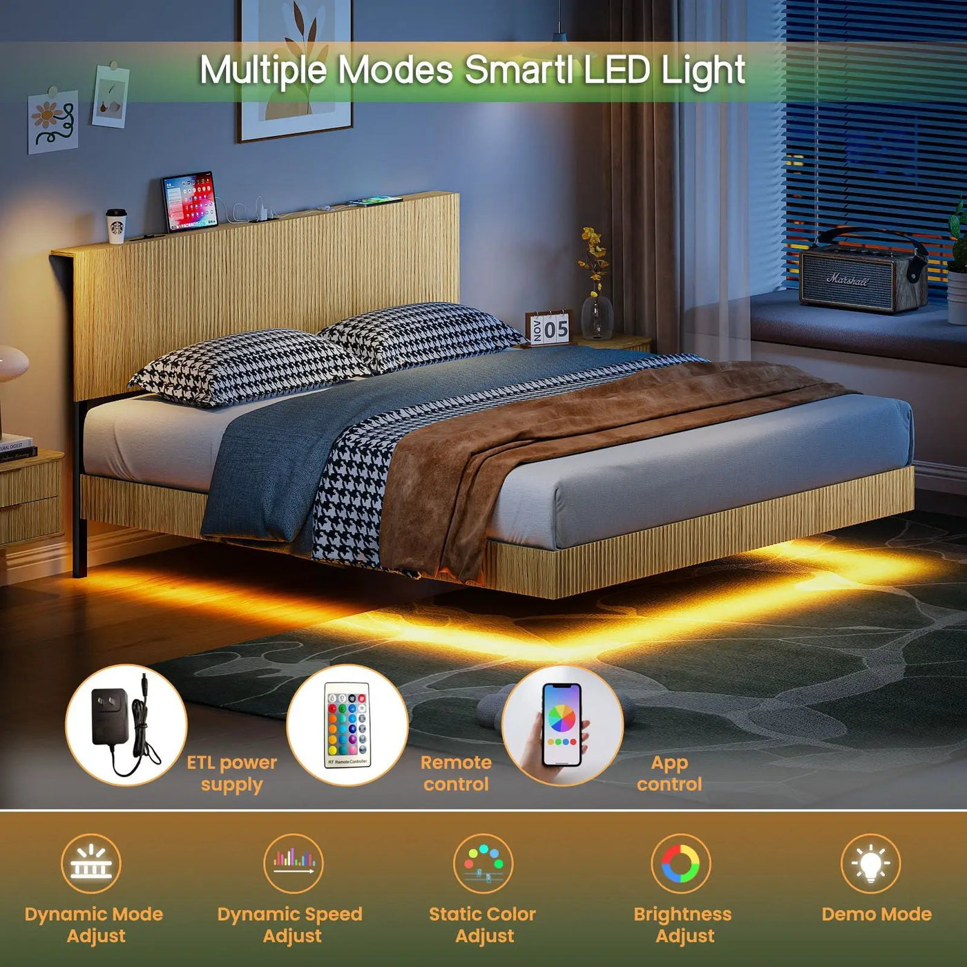 Floating Bedstead With Charging Station And LED Lights by Unique Piece Furniture