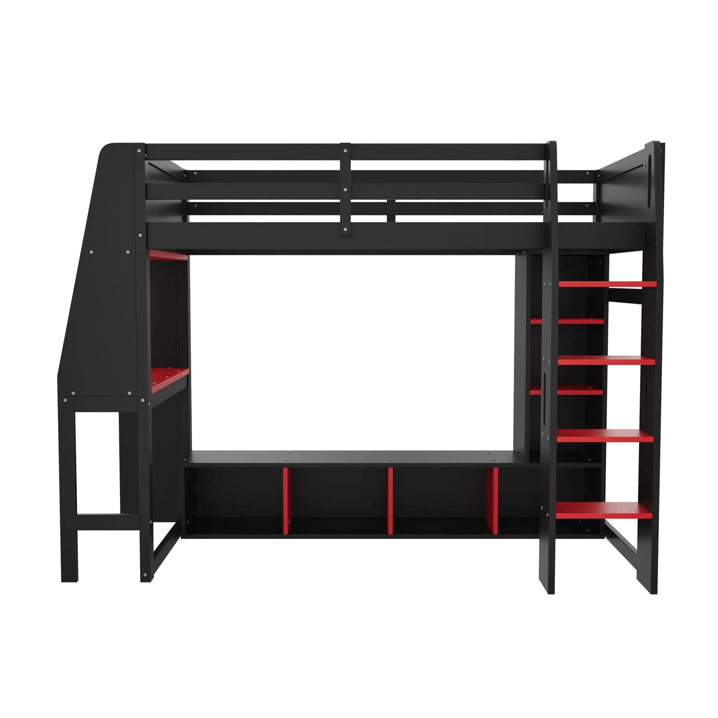 Gaming Loft Bed With Desk, Multi Storage Shelves, LED Lighting, And Hanging Clothes Rack by HouseOfZazla