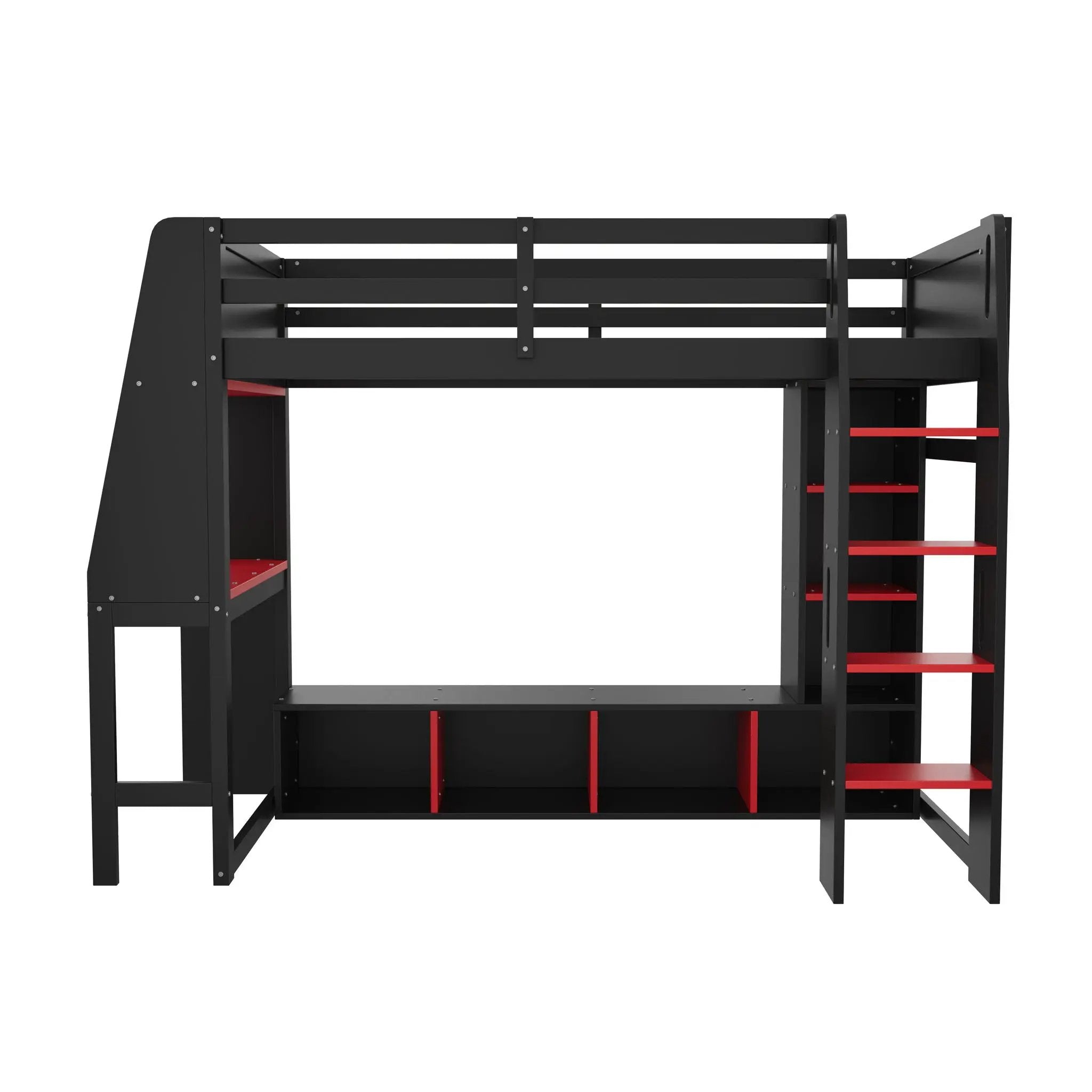 Gaming Loft Bed With Desk, Multi Storage Shelves, LED Lighting, And Hanging Clothes Rack by HouseOfZazla
