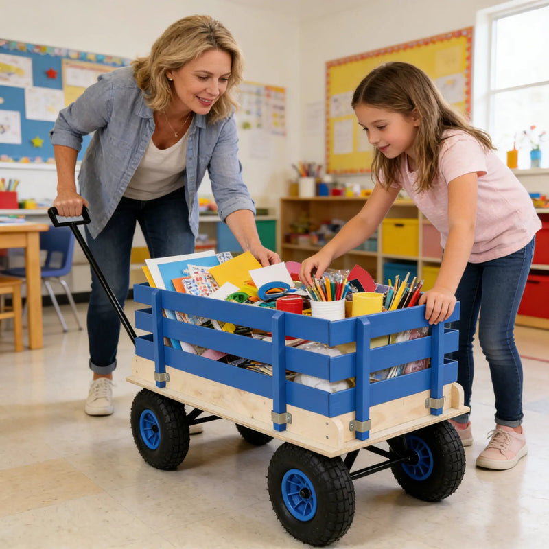 Blue Wooden Kids Pull Wagon with Removable Side Rails & All Terrain Wheels by HouseOfZazla