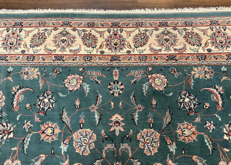 Indo Persian Rug 8x10, Green and Beige Oriental Carpet, Traditional Wool Area Rug, Floral Allover Pattern by Jewel Rugs
