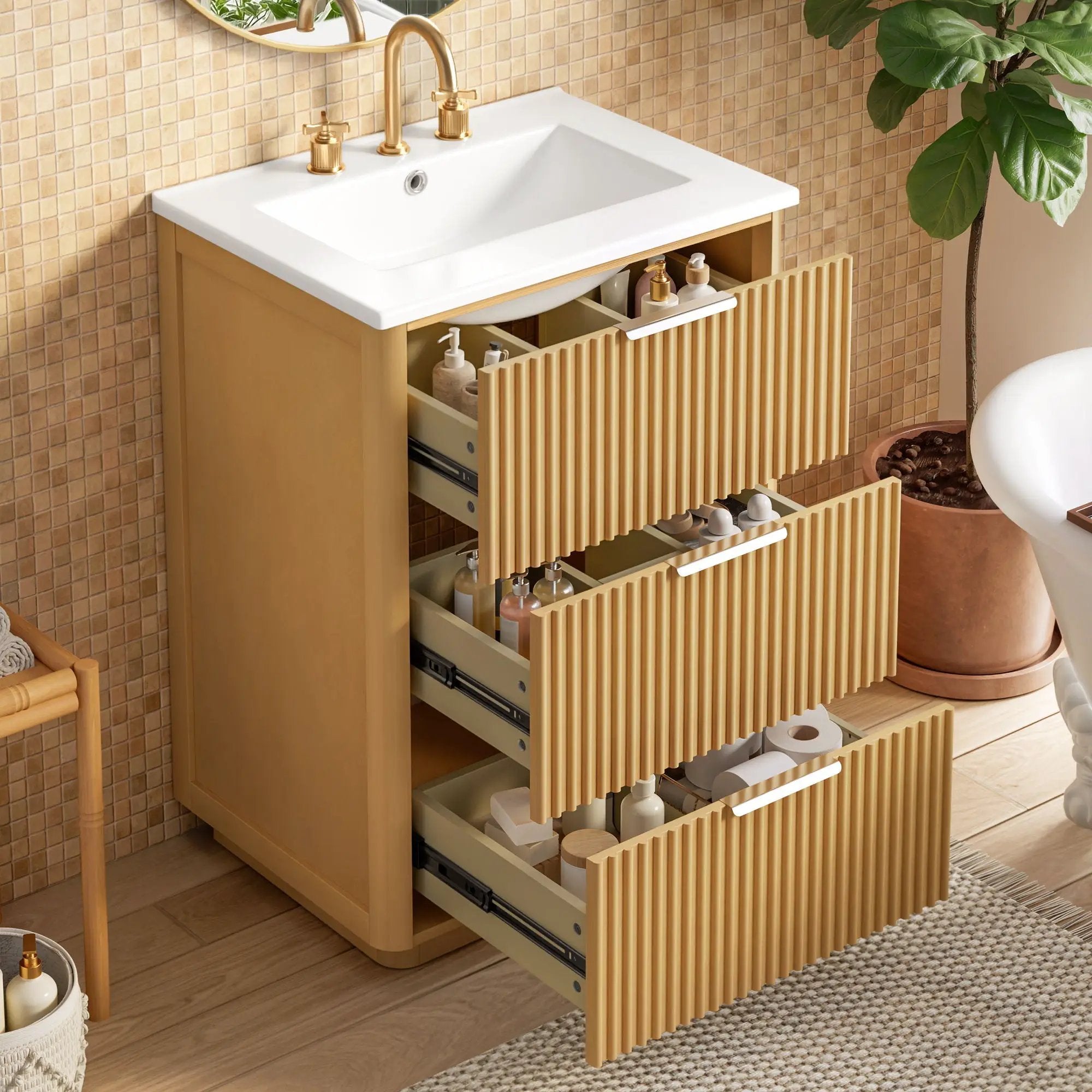 Bathroom Vanity With Sink, Open Shelf & Closed Storage - Natural Wood by HouseOfZazla
