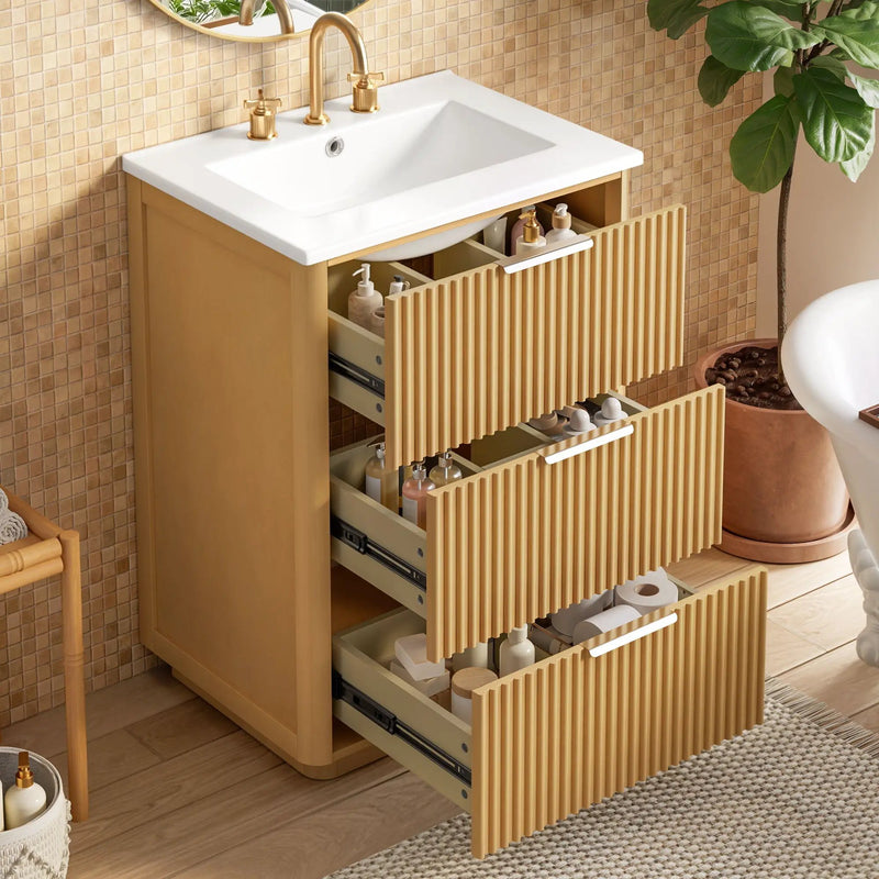 Bathroom Vanity With Sink, Open Shelf & Closed Storage - Natural Wood by HouseOfZazla