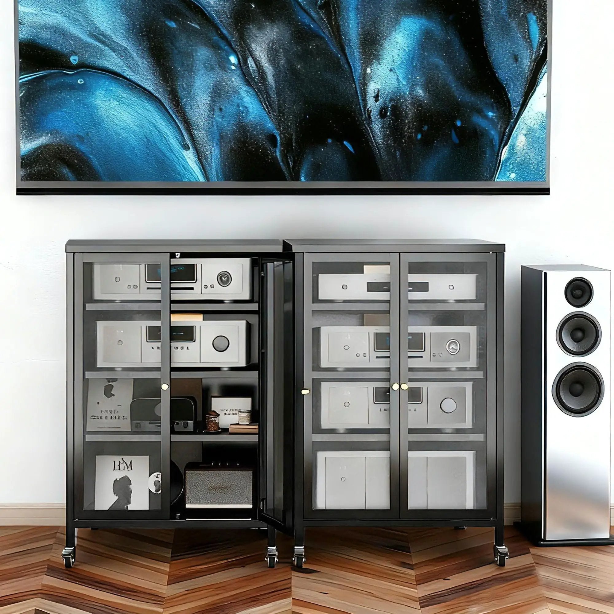 Media Storage Cabinet With Wheels, 4 Adjustable Glass Shelves & Door, Heavy-Duty - Black by HouseOfZazla