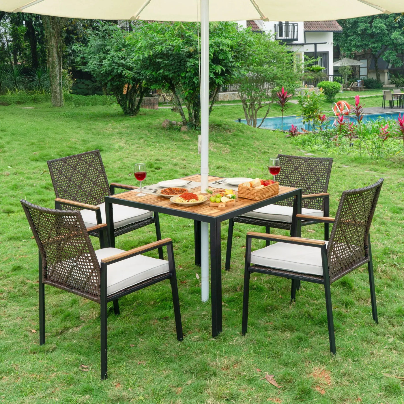 5 Piece Patio Dining Table Set, Acacia Wood Table Top With Umbrella Hole by HouseOfZazla