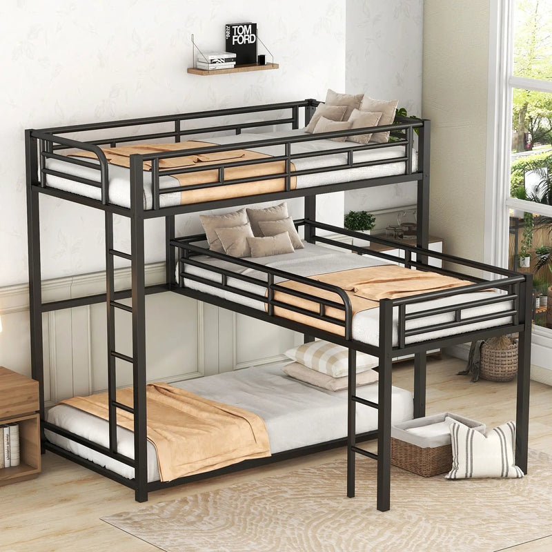 L-Shaped Triple Twin Size Bunk Bed, Industrial Design With Integrated Ladder And Full Length Guardrails - Black by Unique Piece Furniture