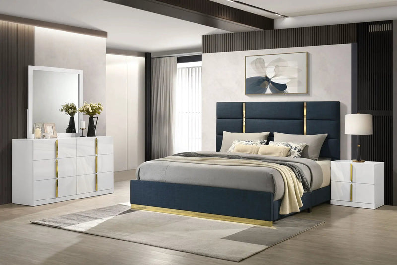 Ines 4-piece Queen Bedroom Set Navy and White High Gloss by Unique Piece Furniture