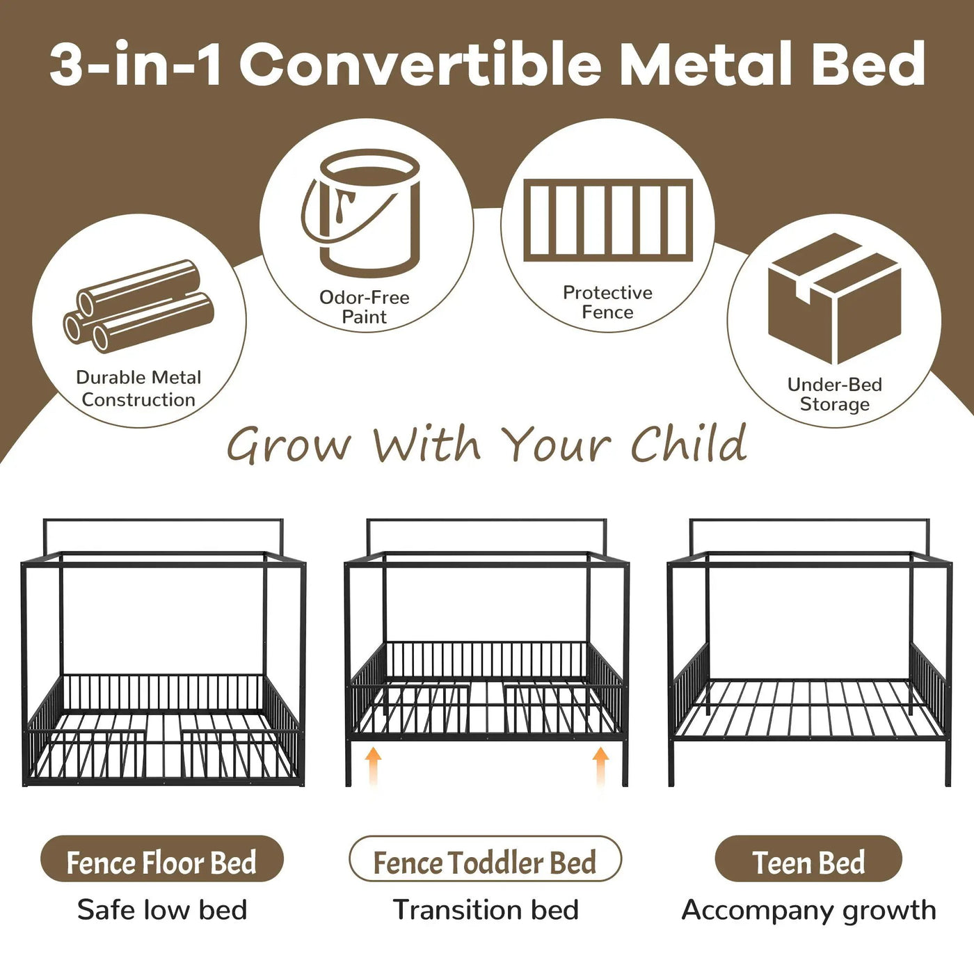 3 In 1 Convertible Montessori Floor Bed With Fenced Support by HouseOfZazla