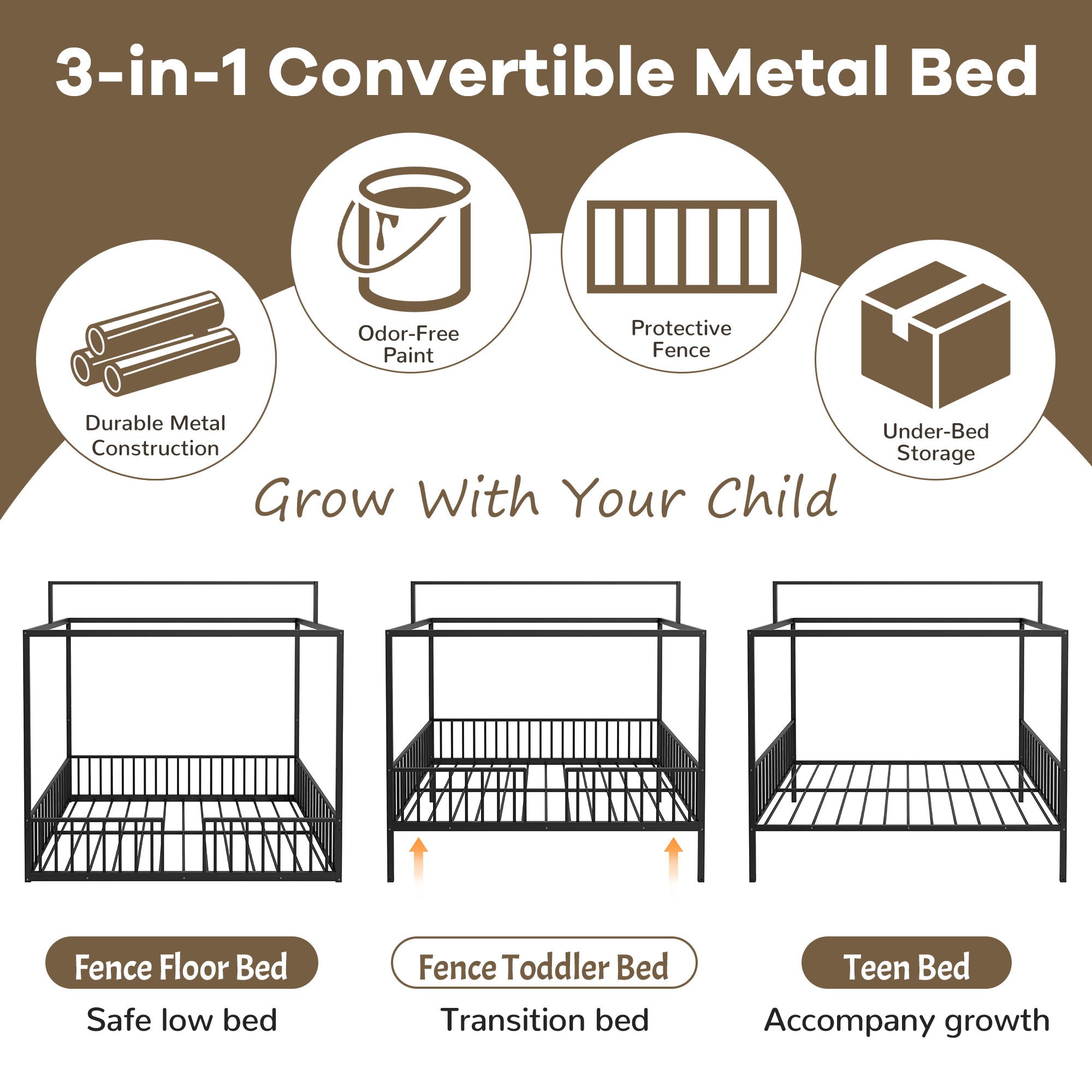 3 In 1 Convertible Montessori Floor Bed With Fenced Support by HouseOfZazla