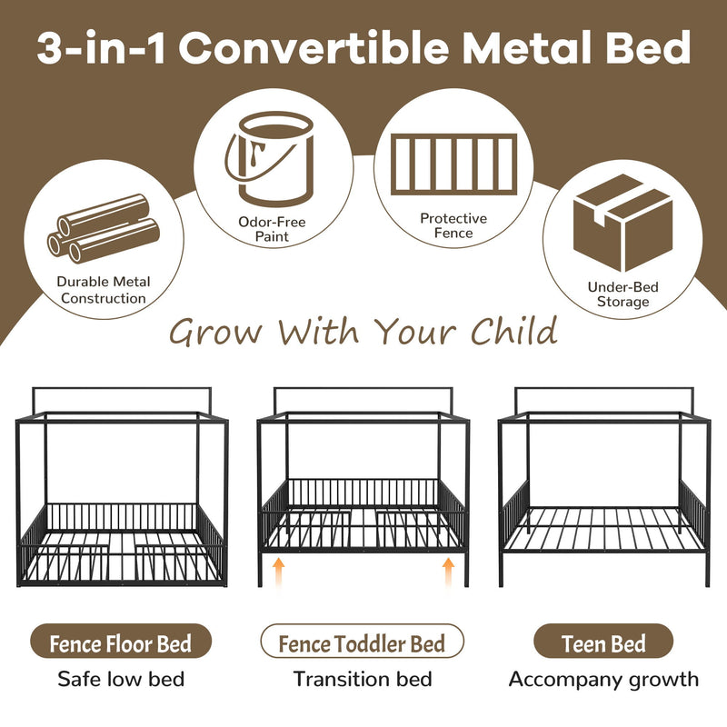 3 In 1 Convertible Montessori Floor Bed With Fenced Support by HouseOfZazla