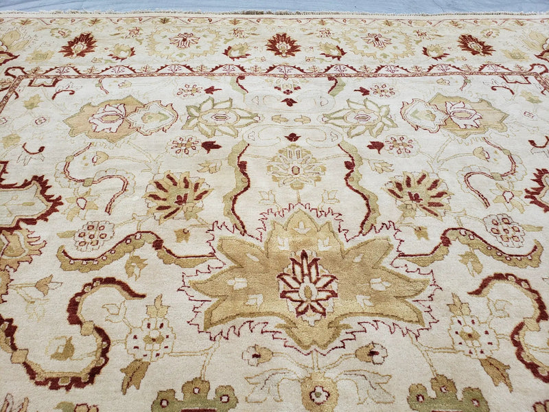 Vintage Oushak Area Rug, Hand-Knotted, Wool, Cream Beige Maroon, 10x15 Rug, 10x14 Rug, Large Oriental Carpet by Jewel Rugs