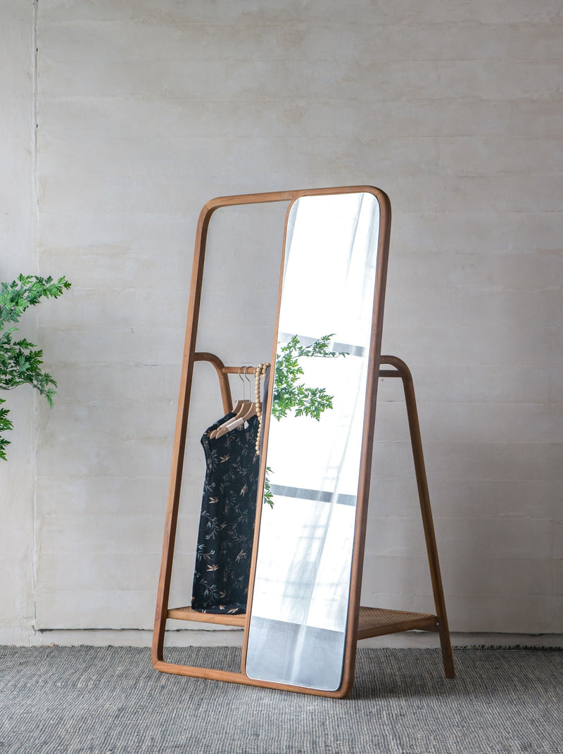 Large Clothes Hanger Storage Mirror with Woven Rattan Detail - Brown, photo 3 of 12