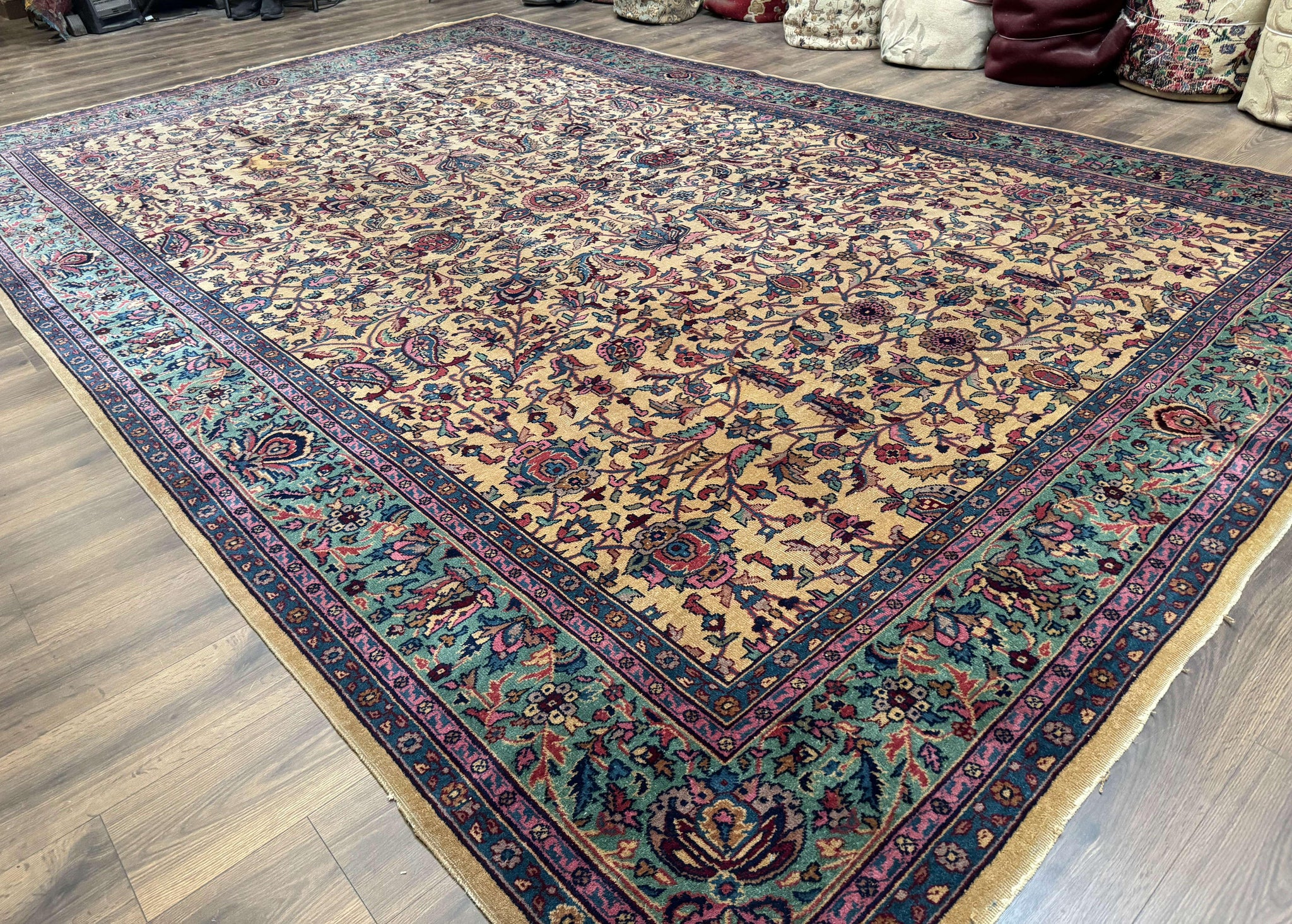 Antique Persian Rug 10x15, Camel and Cyan, Allover Pattern, Rare, Samarkand Rug by Jewel Rugs
