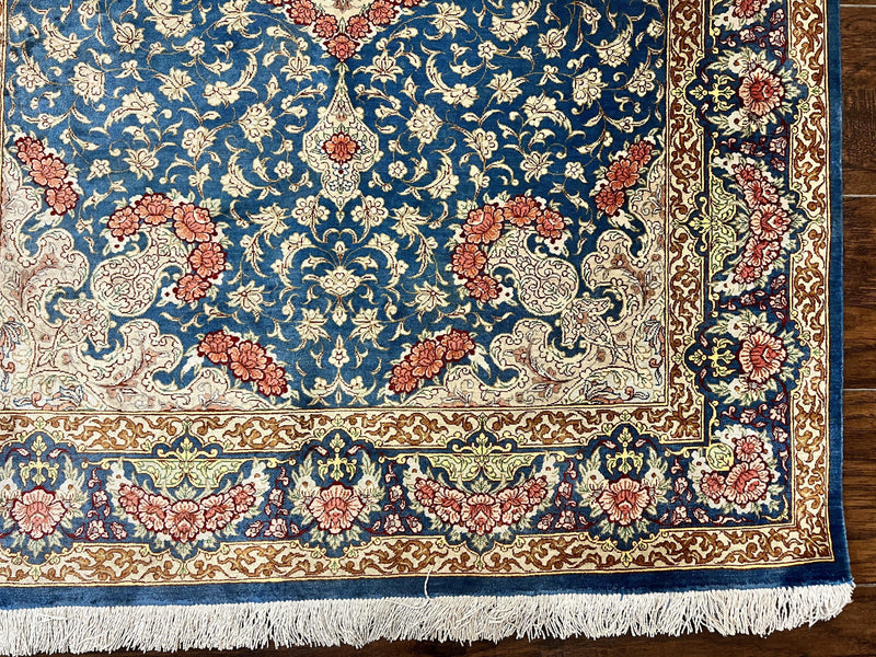Magnificent Persian Qum Silk Rug 3x5, Blue, Super Fine 675 KPSI - 70 Raj, Floral Roses, Handmade Vintage Silk Carpet, Masterpiece by Jewel Rugs