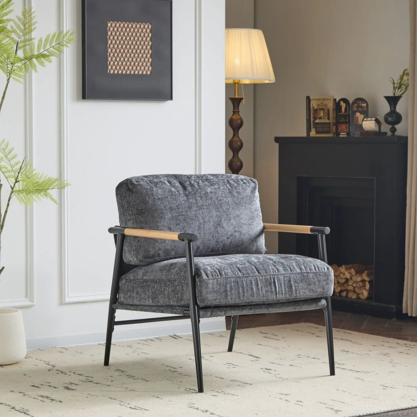 Modern Accent Chair With Plush Cushions and Wooden Armrests by HouseOfZazla
