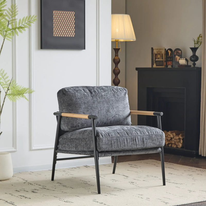 Modern Accent Chair With Plush Cushions and Wooden Armrests by HouseOfZazla