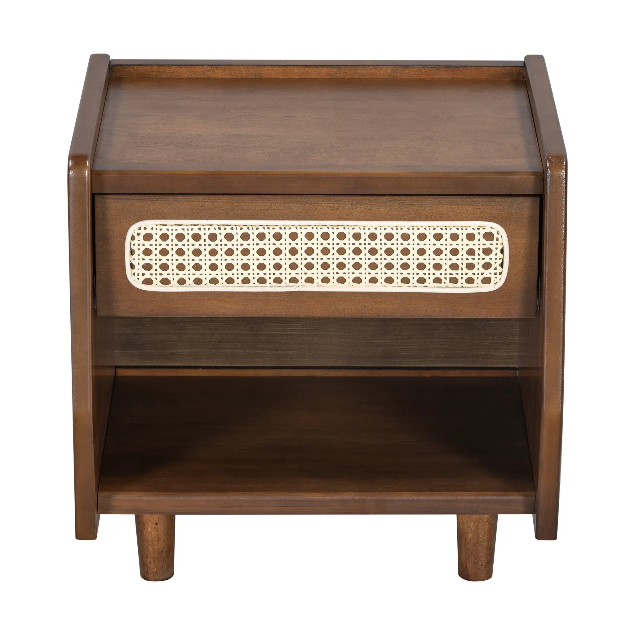 Walnut Nightstand with Rattan Detail, MDF + Solid Wood by HouseOfZazla