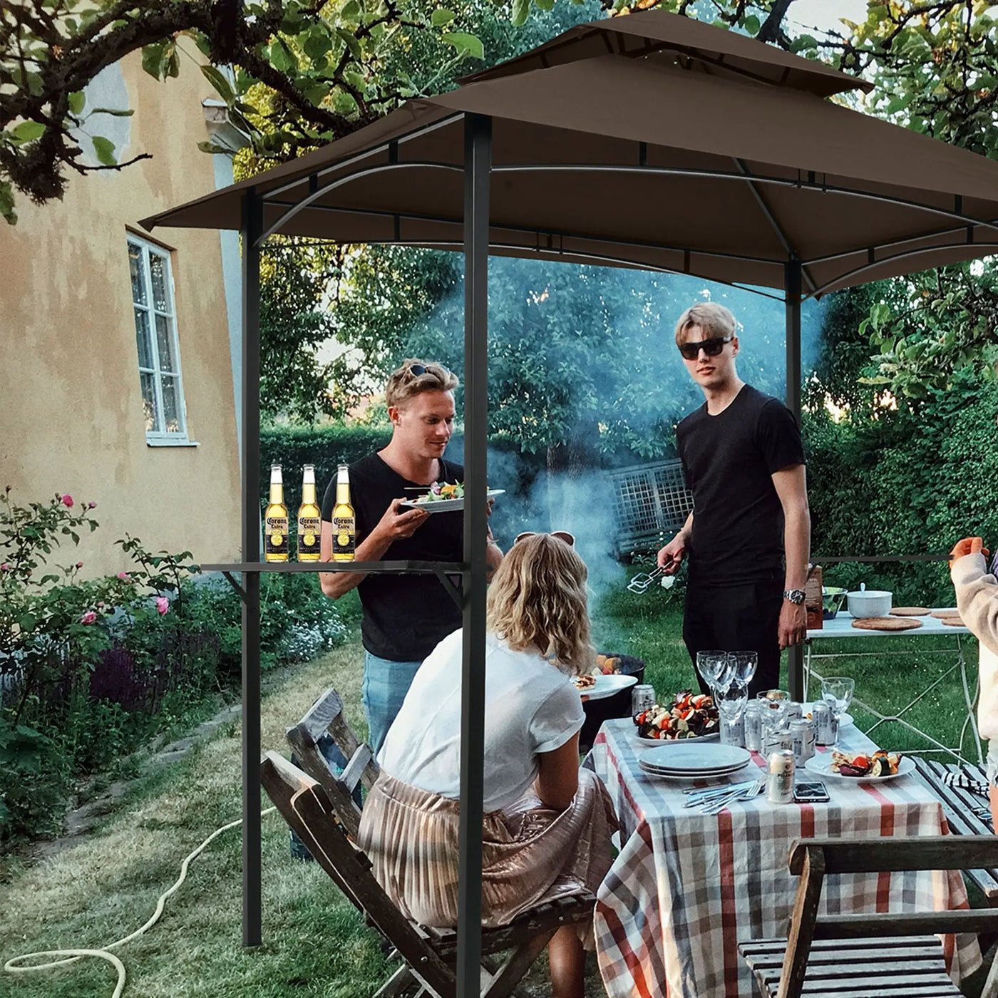 Outdoor Grill Gazebo With Double Tier Soft Top Canopy, Steel Frame, Bar Counters & Hook by HouseOfZazla