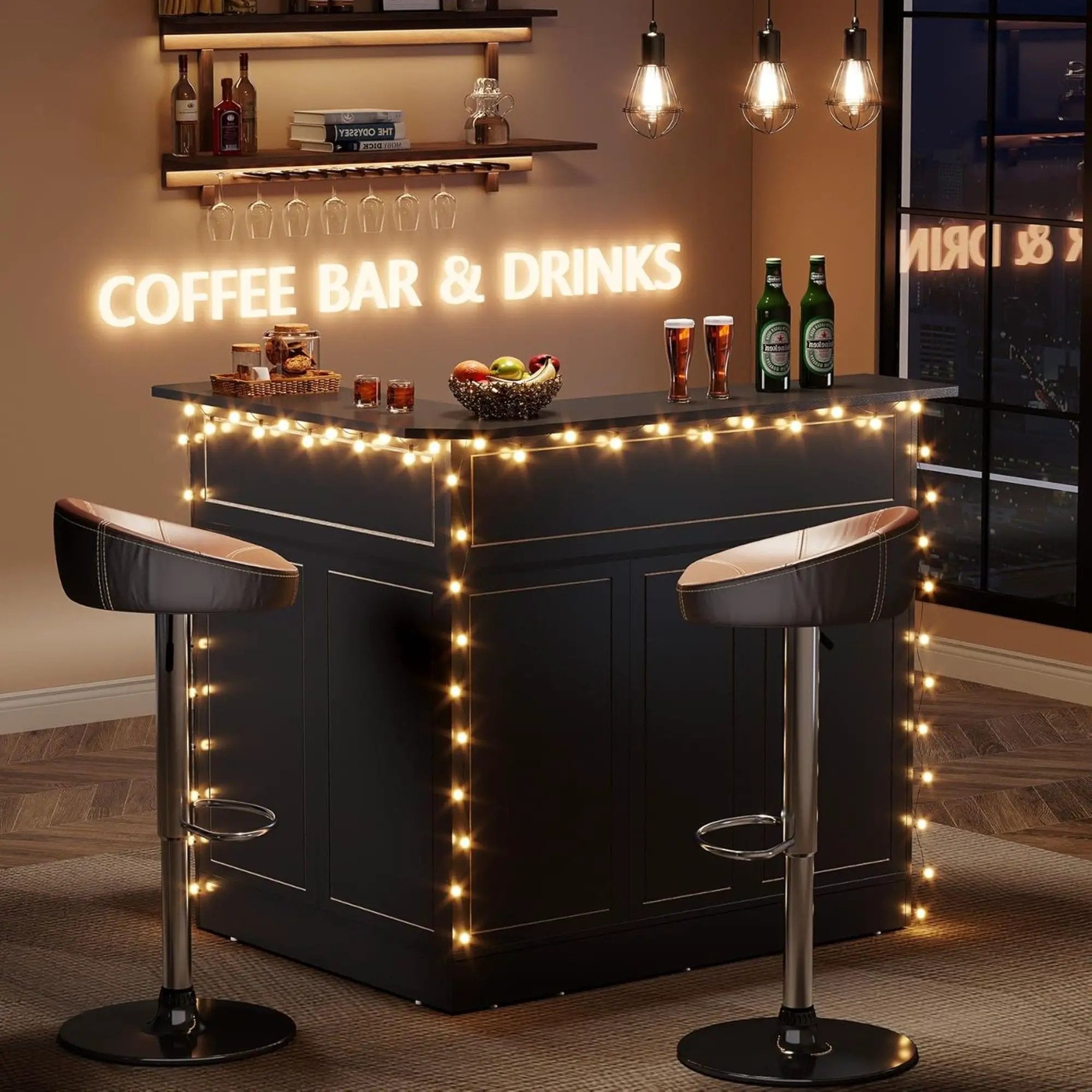 L-Shaped Home Bar Cabinet With Stemware Racks, 4 Tier Corner Unit, Liquor Wine Bar Table & Reception Desk For Home Pub - Black by HouseOfZazla