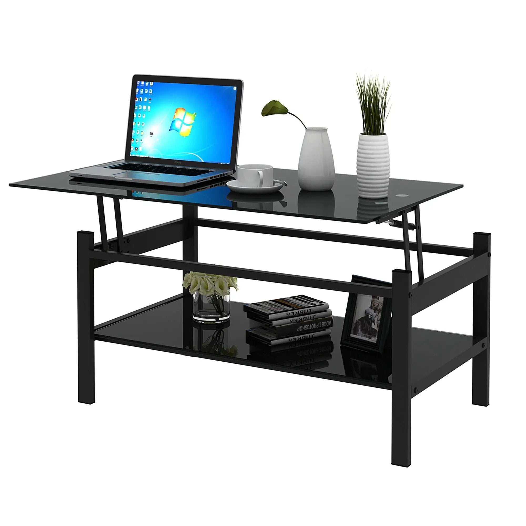 Glass Lift Top Coffee Table, Modern Simple 2-Layer Tempered Glass Coffee Table For Living Room - Black by Unique Piece Furniture