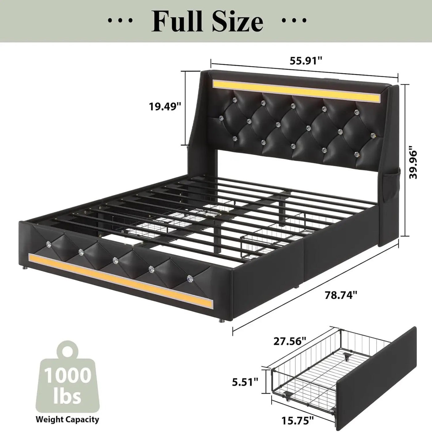 Wingback Upholstered Bed Frame With LED Lights, Charging Station by HouseOfZazla