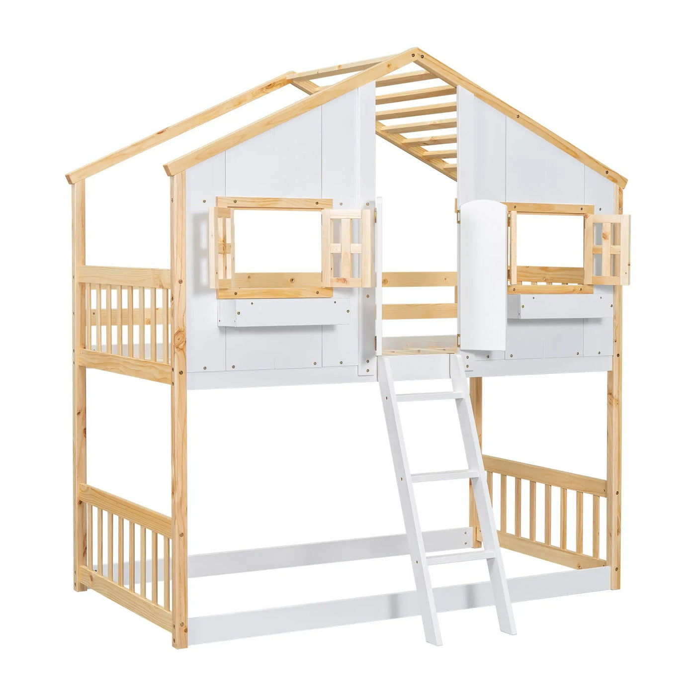 House Bunk Bed With Roof, Window, Window Box, Door, With Safety Guardrails And Ladder by HouseOfZazla