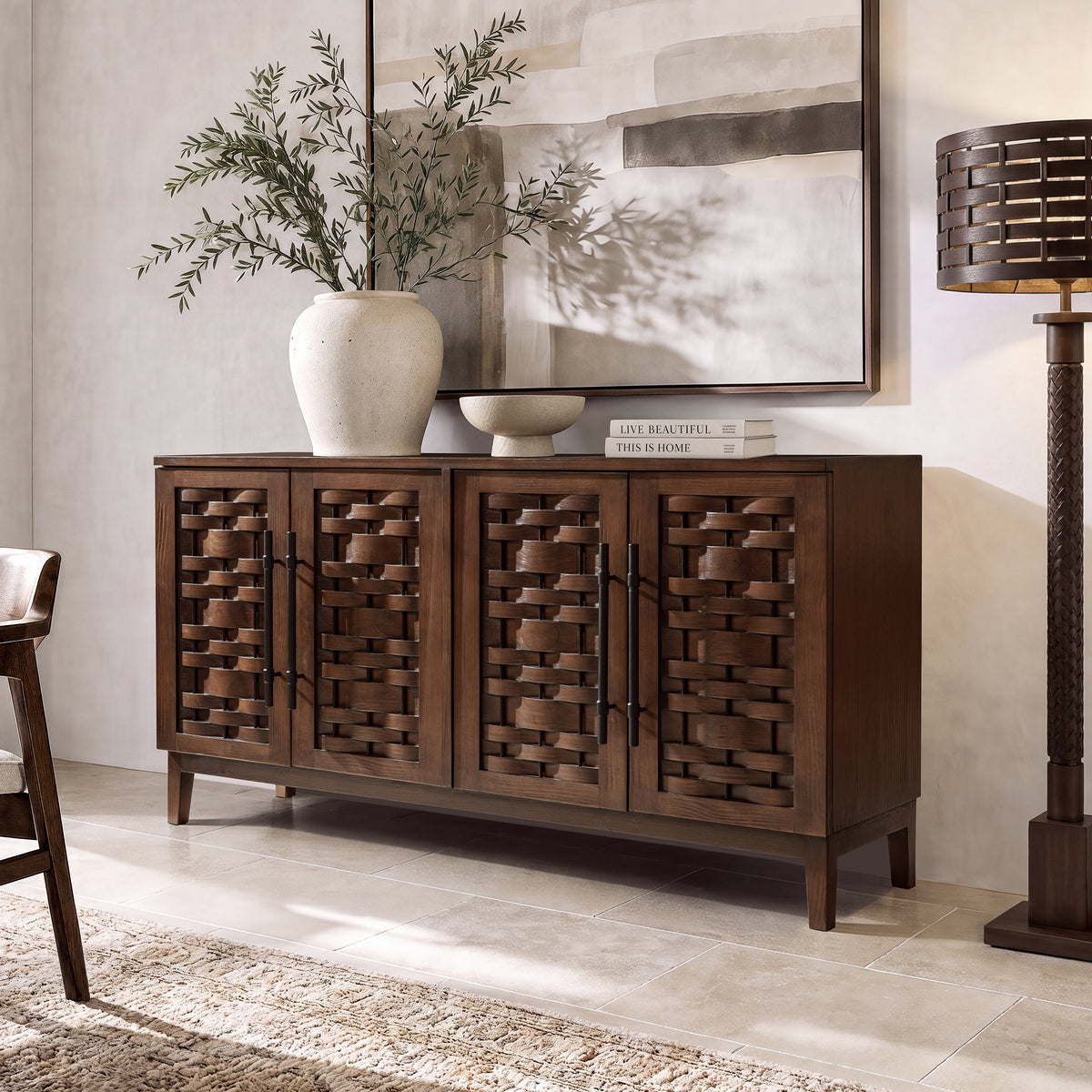 Koa 72" Woven Wood Sideboard with Four Doors - Natural Wood