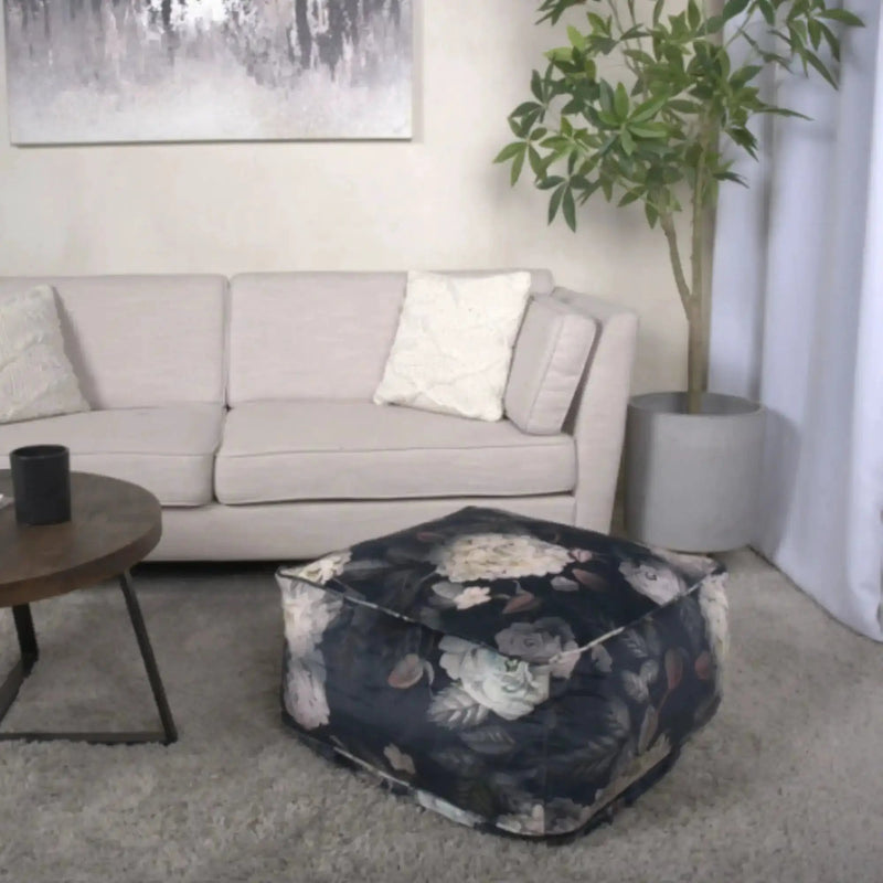 Hazel Large Square Pouf With Flower Print by HouseOfZazla