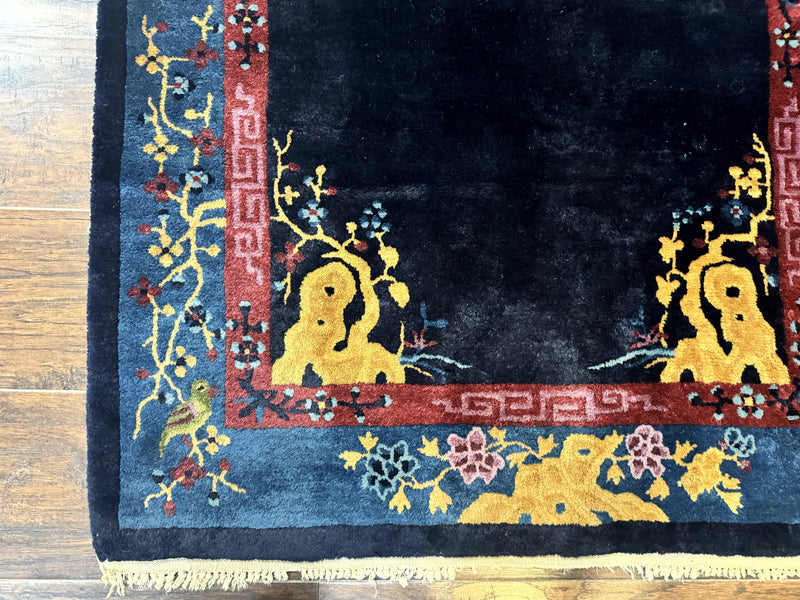 Antique Chinese Peking Rug 3x6, Dark Blue, Bird Motif, Handmade Wool Art Deco Asian Oriental Carpet, Pair B by Jewel Rugs