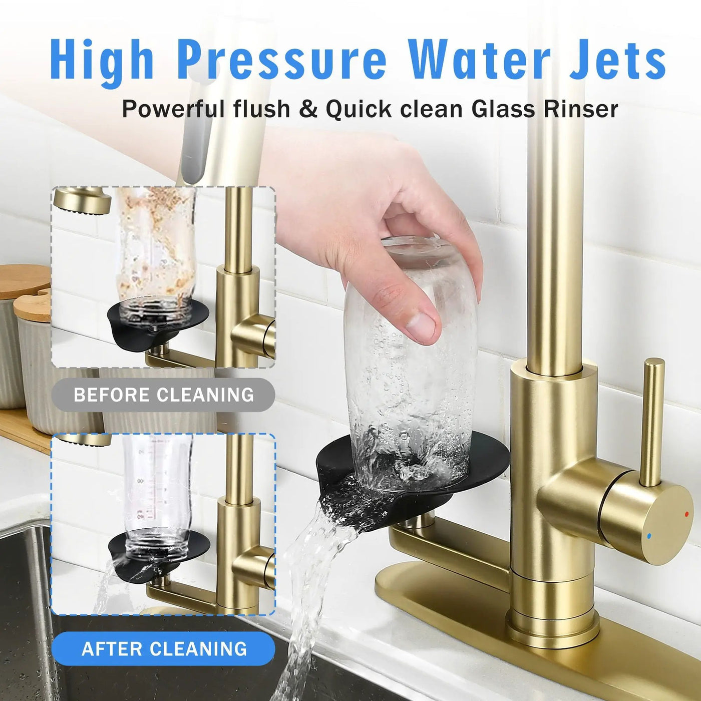 3 In 1 Kitchen Faucet With Press Type Glass Rinser, High Arc Pull Down Sprayer by HouseOfZazla