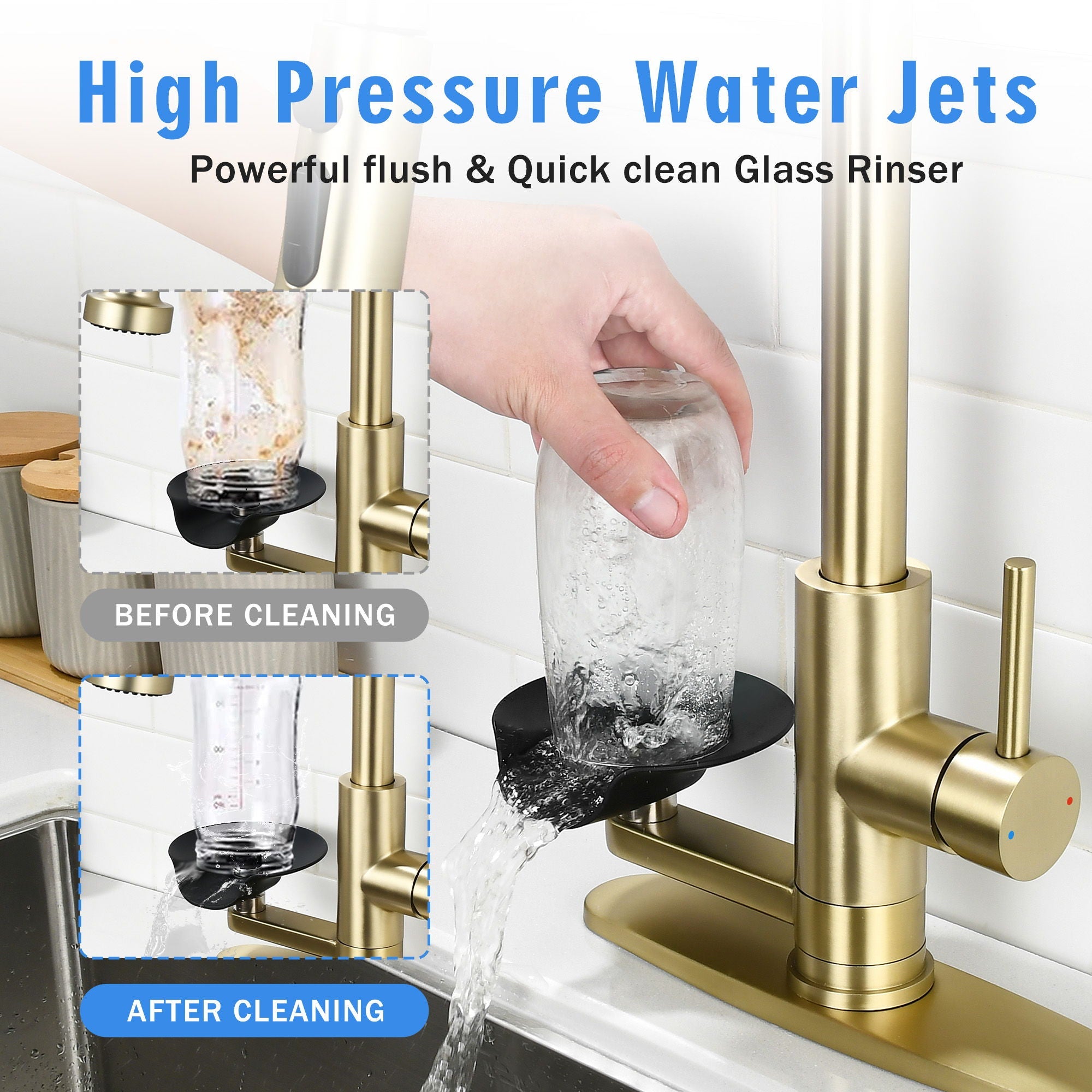 3 In 1 Kitchen Faucet With Press Type Glass Rinser, High Arc Pull Down Sprayer by HouseOfZazla