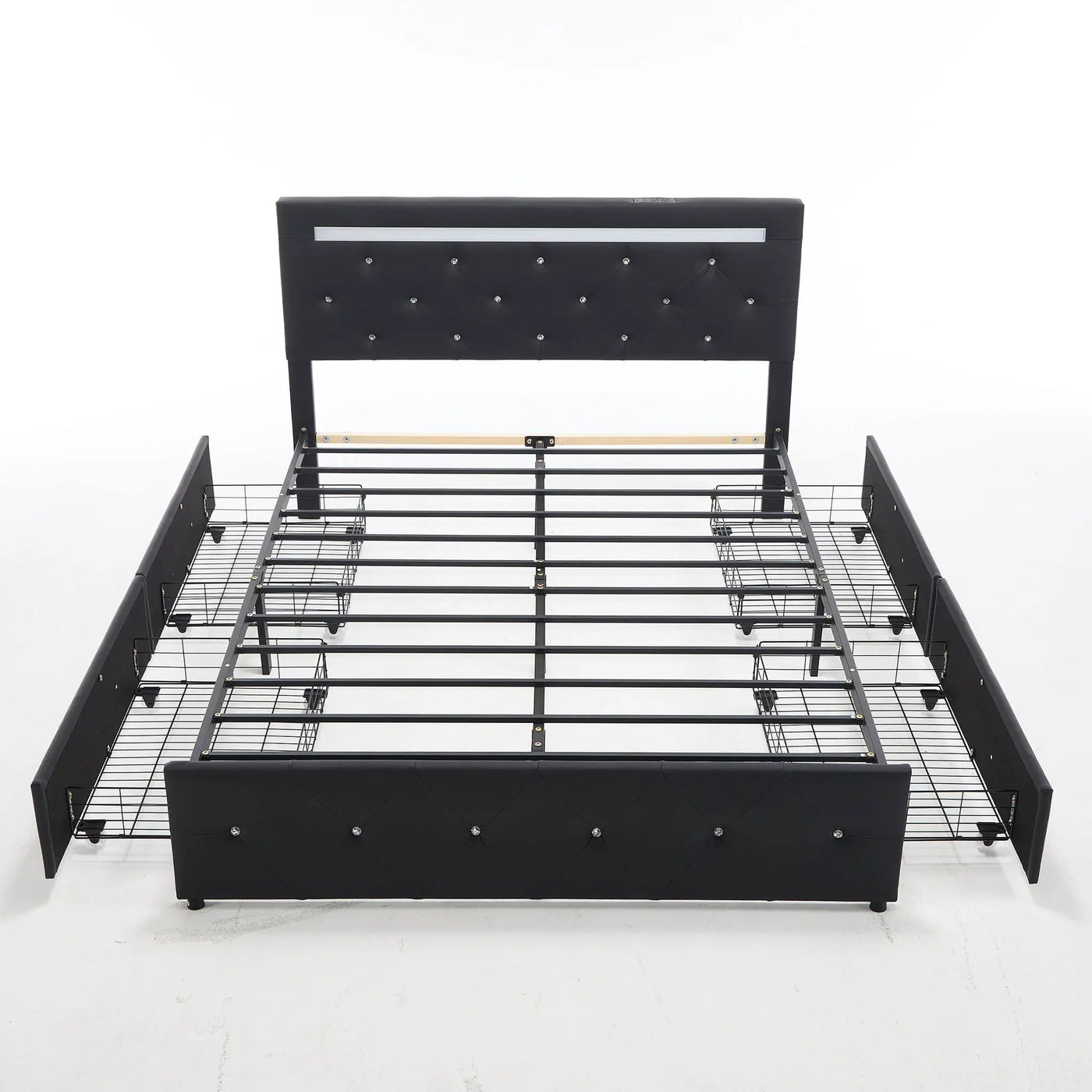 Upholstered Bed Frame With LED Lights, 4 Storage Drawers, Charging Station by HouseOfZazla