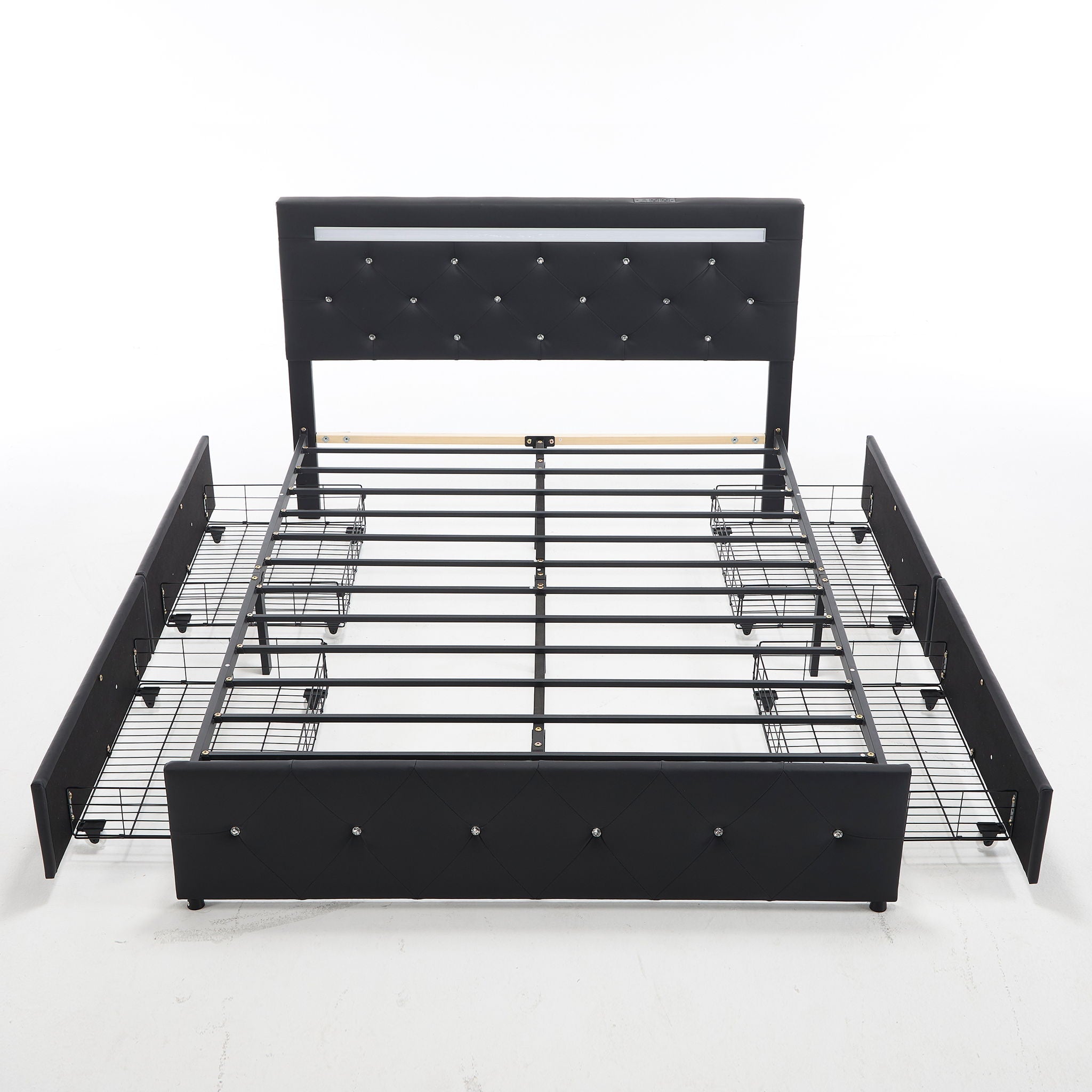 Upholstered Bed Frame With LED Lights, 4 Storage Drawers, Charging Station by HouseOfZazla