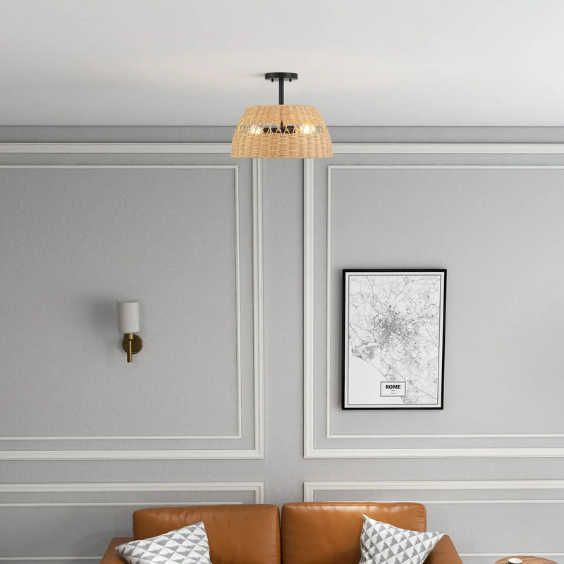 Twinkle - Double Lights Semi Flush With Shade - Black / Rattan by HouseOfZazla