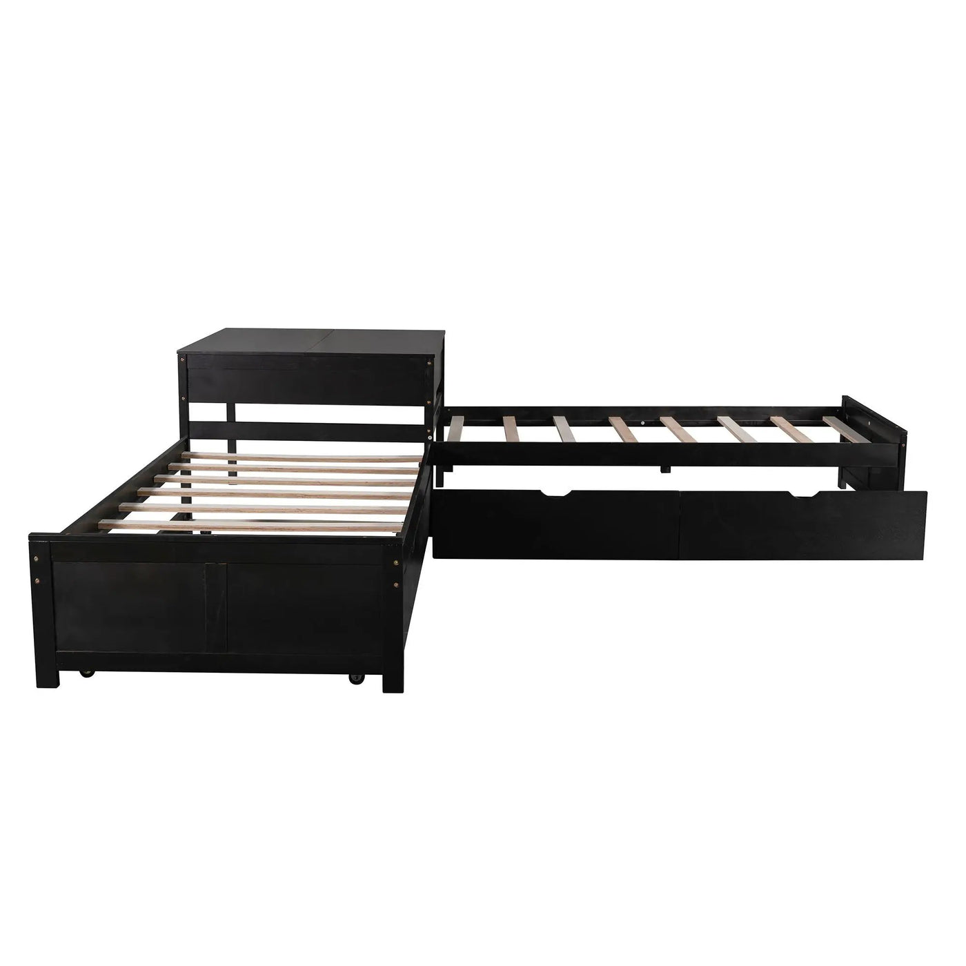 L Shaped Platform Bed With Trundle And Drawers Linked With Built In Desk by HouseOfZazla