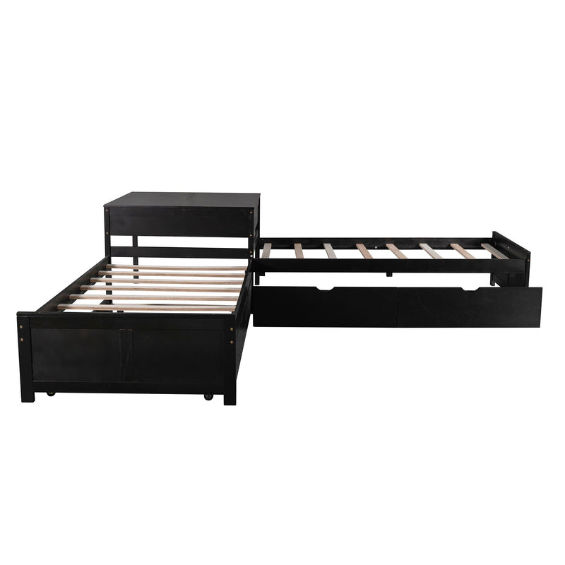 L Shaped Platform Bed With Trundle And Drawers Linked With Built In Desk by HouseOfZazla