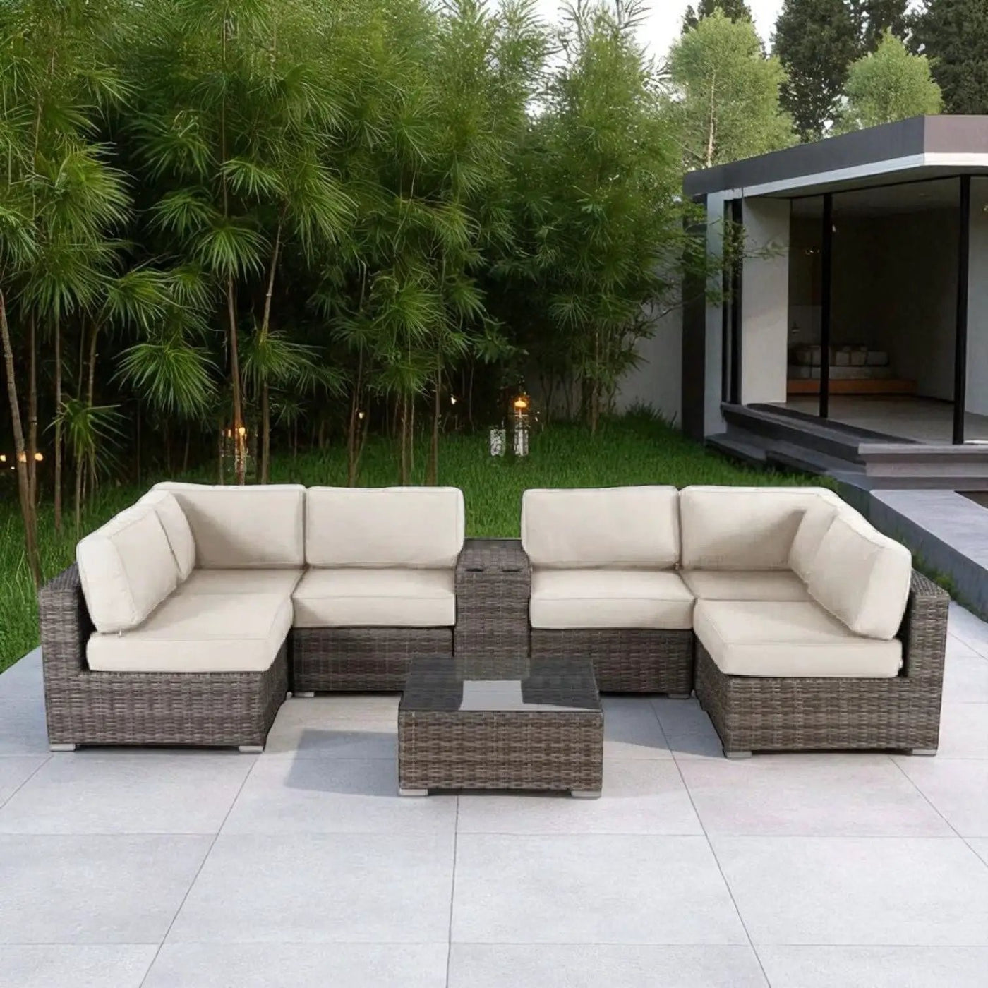 Elegant 4 Person Wicker Patio Seating Set With Cushions And Glass Top Table by HouseOfZazla