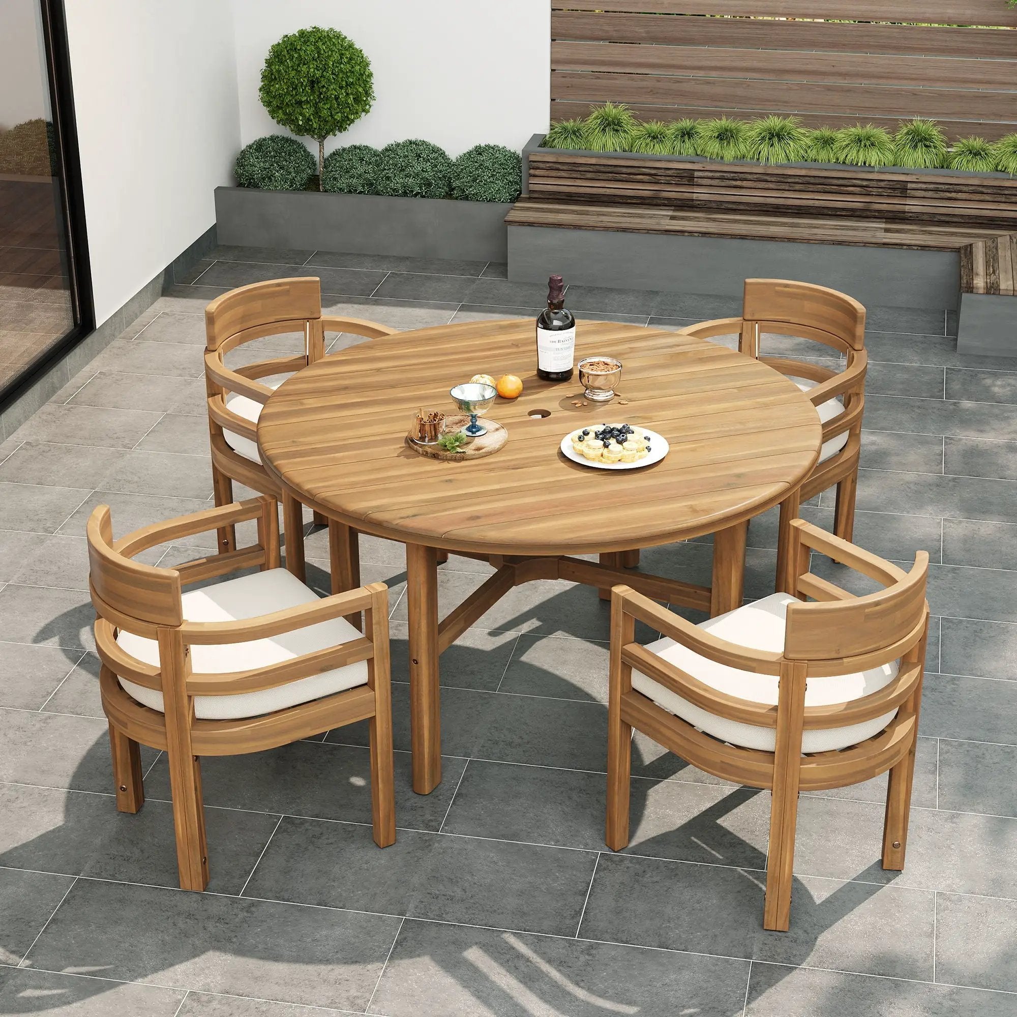 5 Piece Round Patio Table & Cushioned Armrest Chairs, Outdoor Dining Set With Umbrella Hole by HouseOfZazla