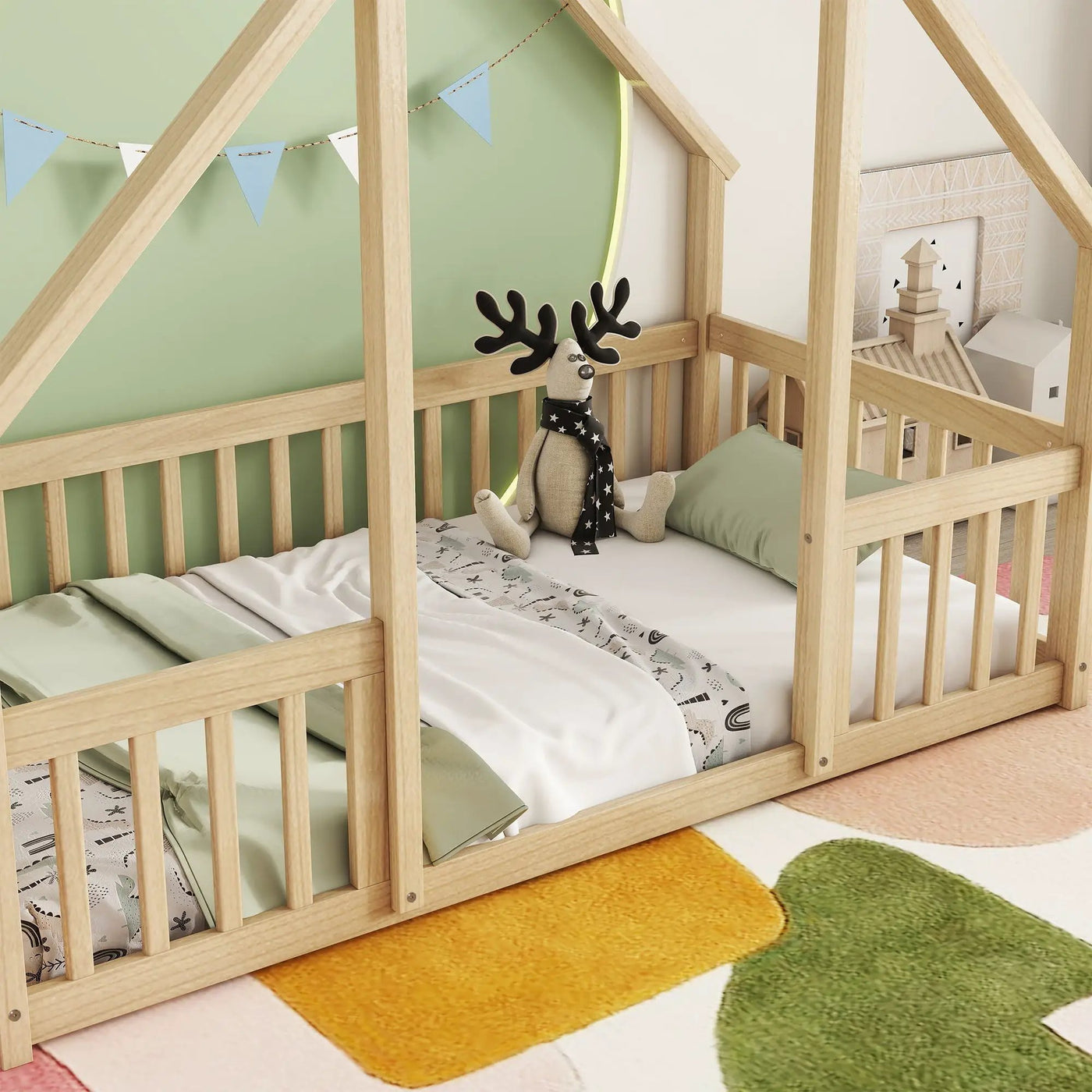 Wood House-Shaped Floor Bed With Fence, Guardrails by HouseOfZazla