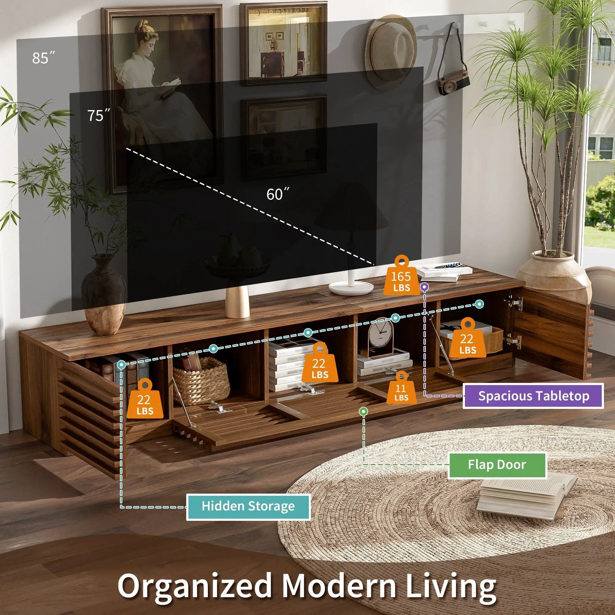 TV Stand For TVs, Entertainment Center With Cable Management And Soft Closing Hinges - Walnut by Unique Piece Furniture