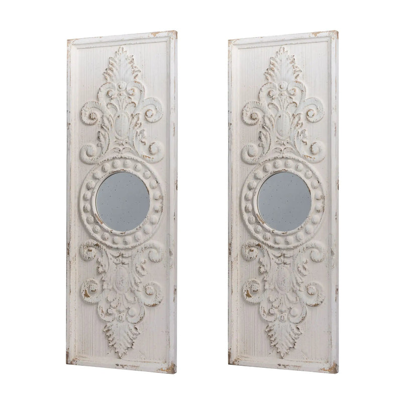 Large Wooden Wall Art Panels With Distressed Round Mirror Accents (Set of 2) - White by HouseOfZazla
