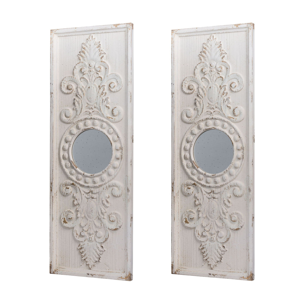 Large Wooden Wall Art Panels with Distressed Round Mirror Accents - White, photo 3 of 12