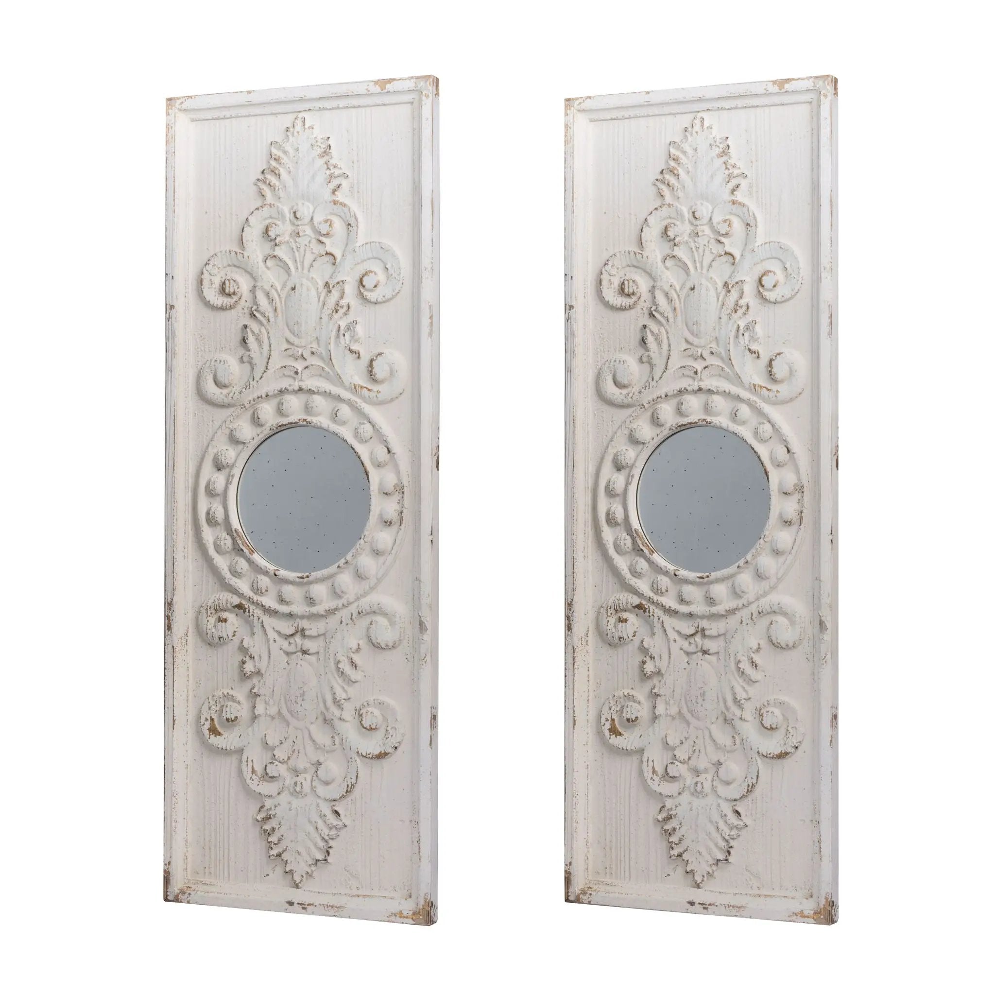 Large Wooden Wall Art Panels With Distressed Round Mirror Accents (Set of 2) - White by Unique Piece Furniture