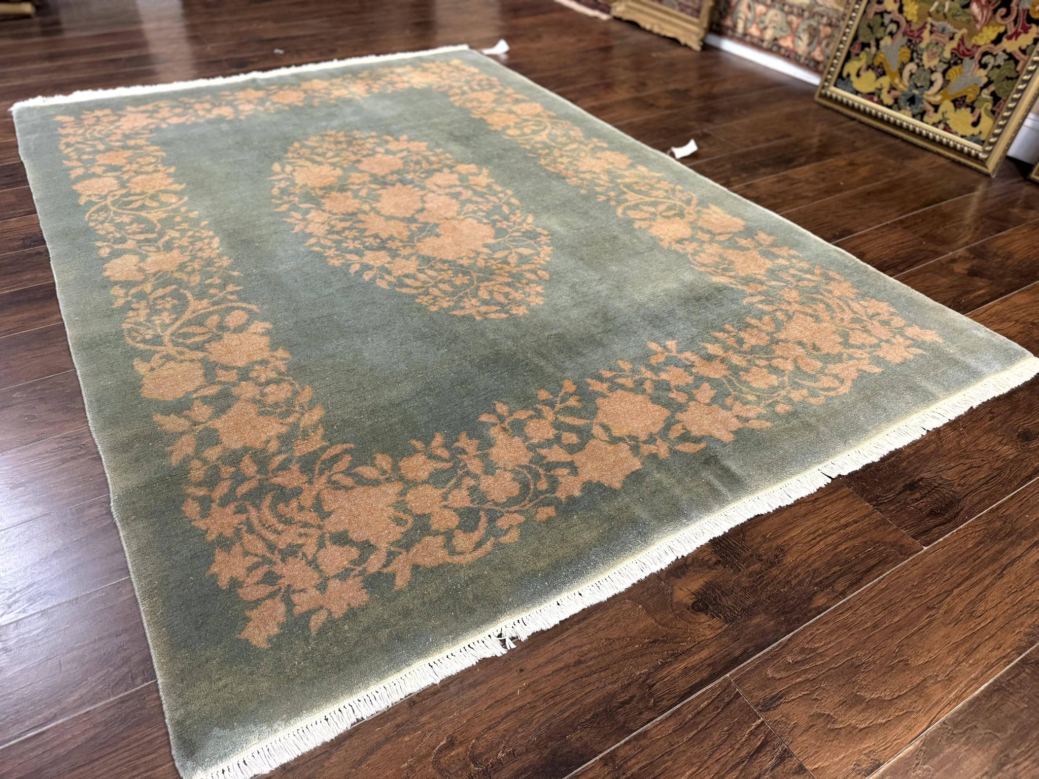 Teal Chinese Wool Rug 6x8, Vintage Handmade Carpet, Floral, Semi Open Field by Jewel Rugs