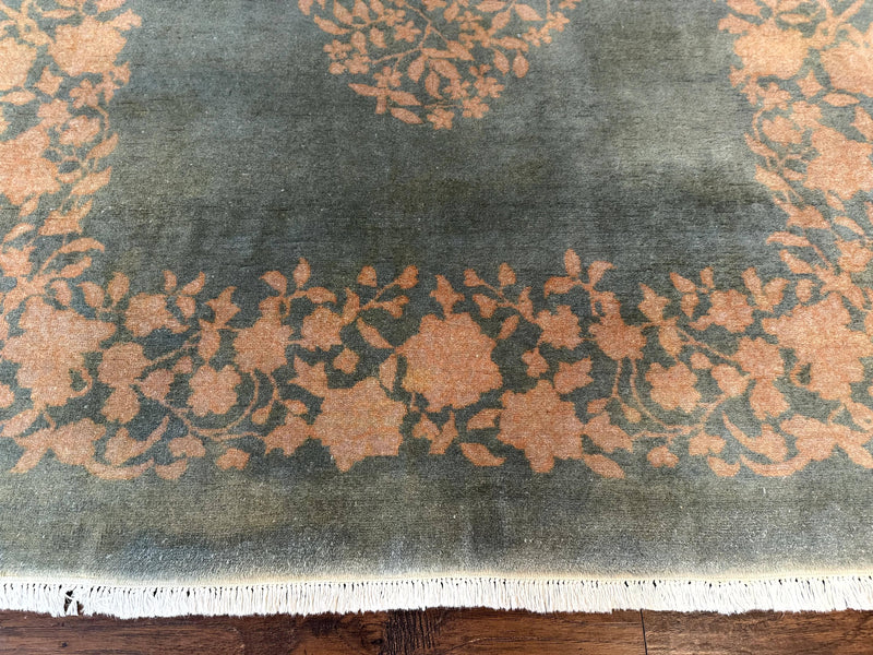 Teal Chinese Wool Rug 6x8, Vintage Handmade Carpet, Floral, Semi Open Field by Jewel Rugs