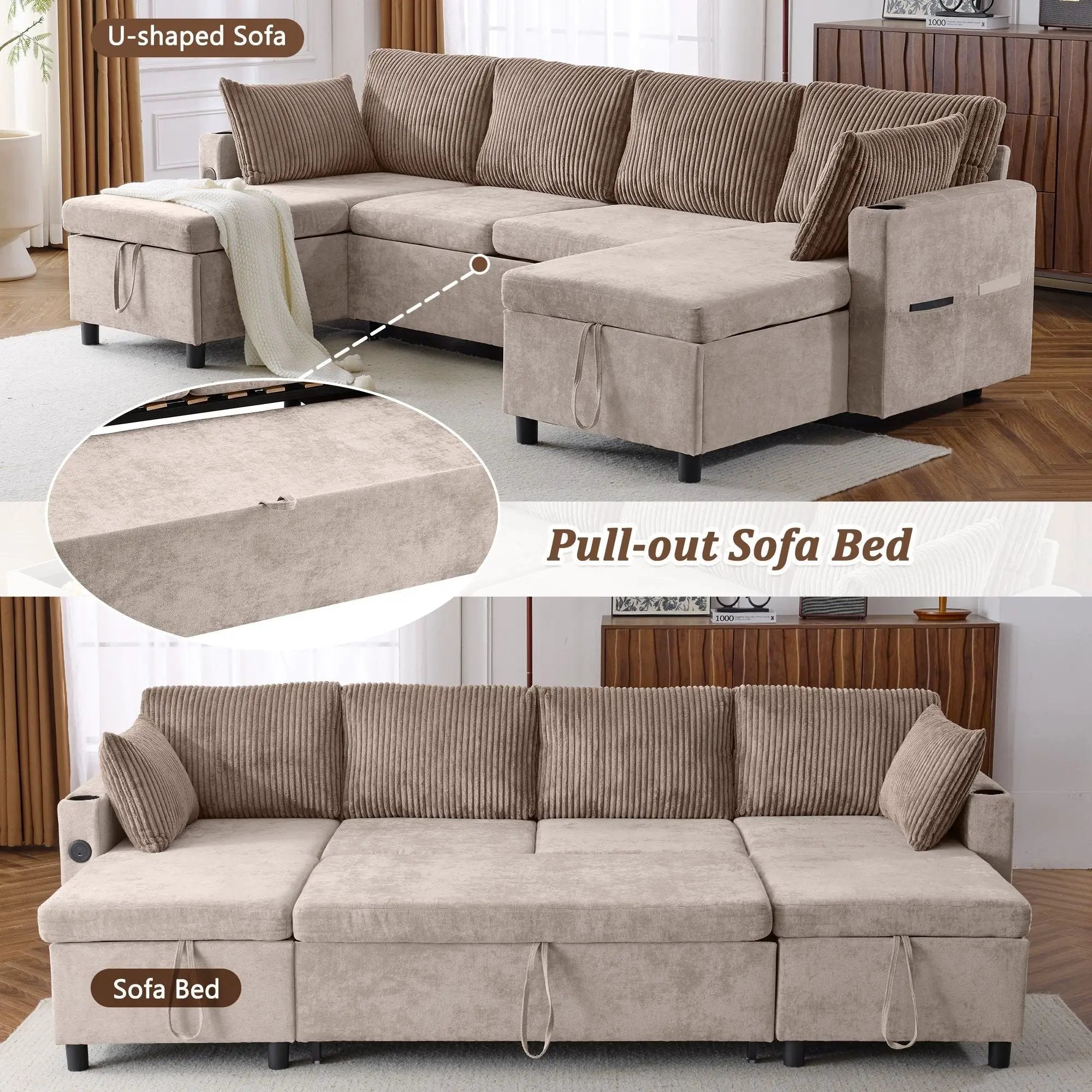 Sectional Sofa Bed With Pull Out Sleeper, USB Ports, Cup Holders by Unique Piece Furniture