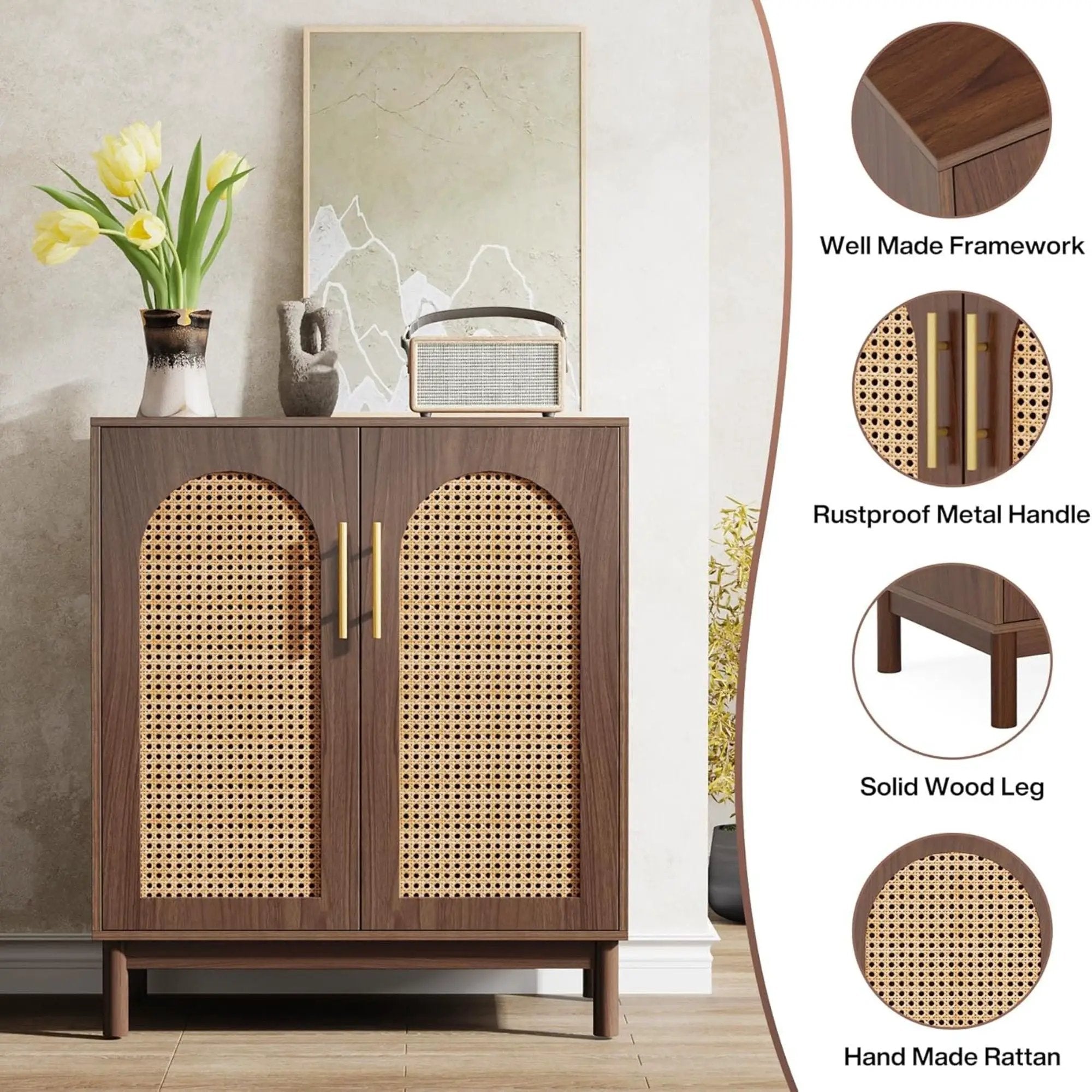 Sideboard Buffet Cabinet With Handwoven Rattan Doors (Set of 2) - Dark Brown by HouseOfZazla